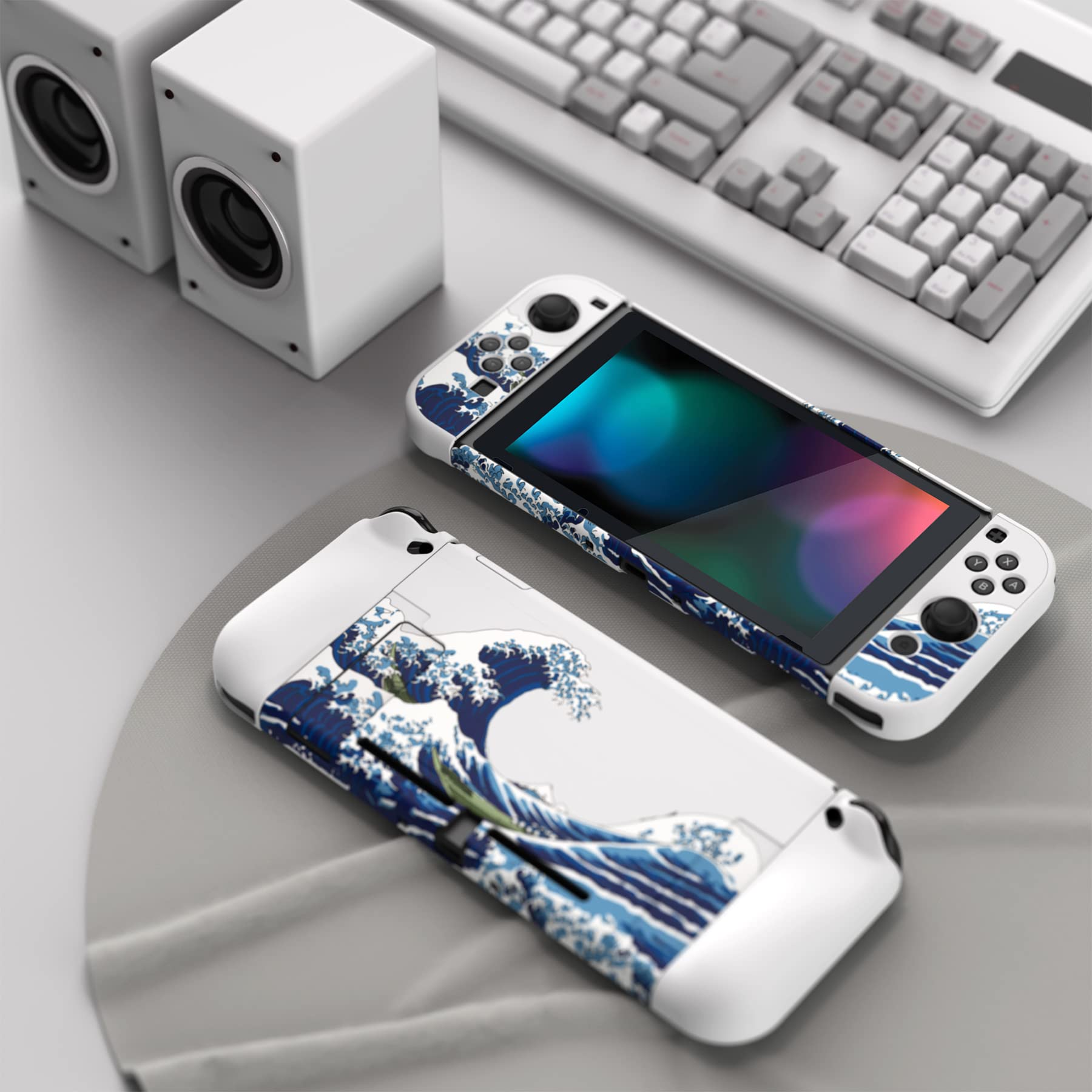 PlayVital Upgraded Dockable Case für Nintendo Switch, Ergonomische Hülle für Nintendo Switch für Joycon, trennbare Schutzhülle Tasch(Die große Welle)