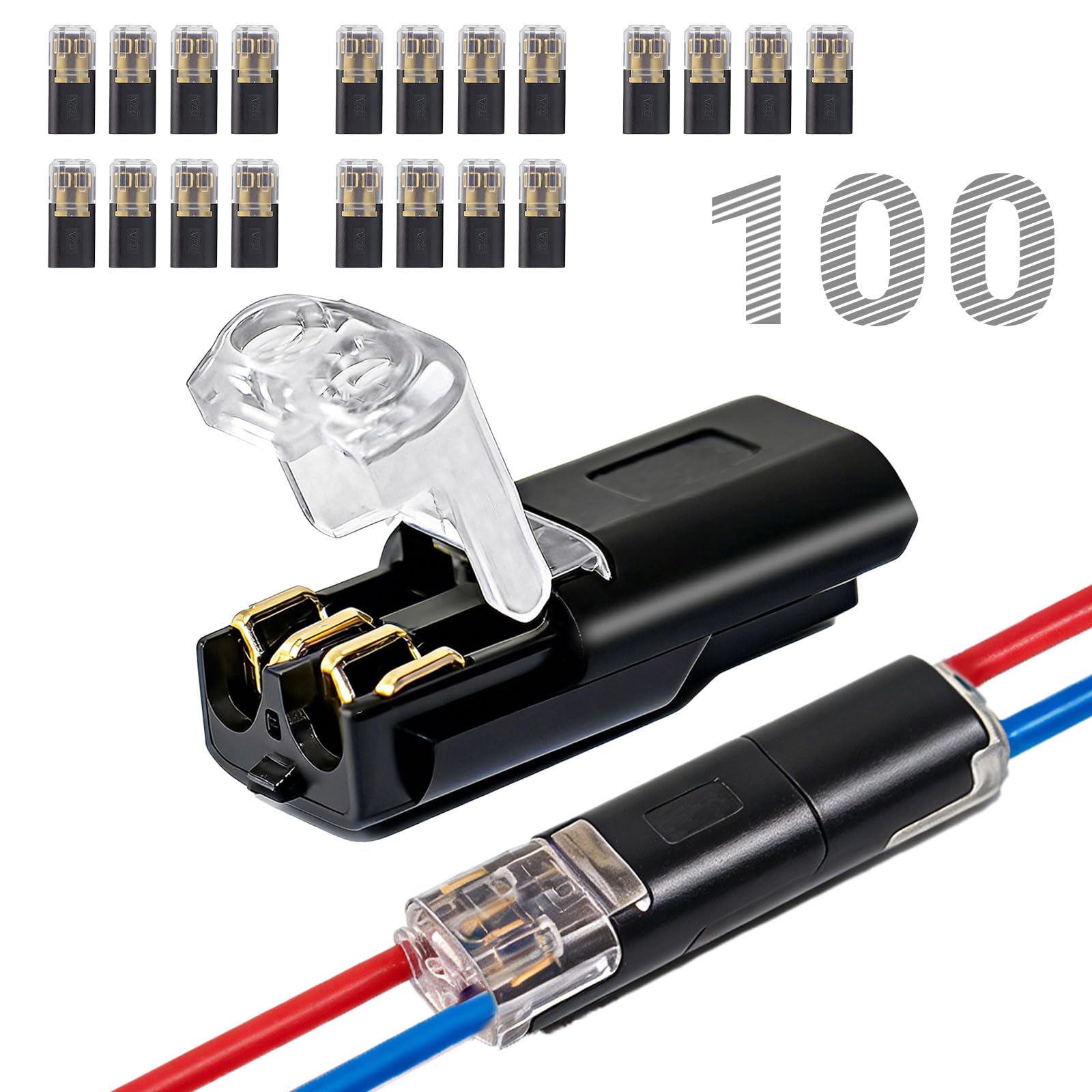 100 Pcs 2-Pin Low Voltage Wire Connectors with Locking Buckle, Quick Connect Clips, No-Strip Solderless Double Wire Splice Connectors for LED Strips, DIY Cable Connection