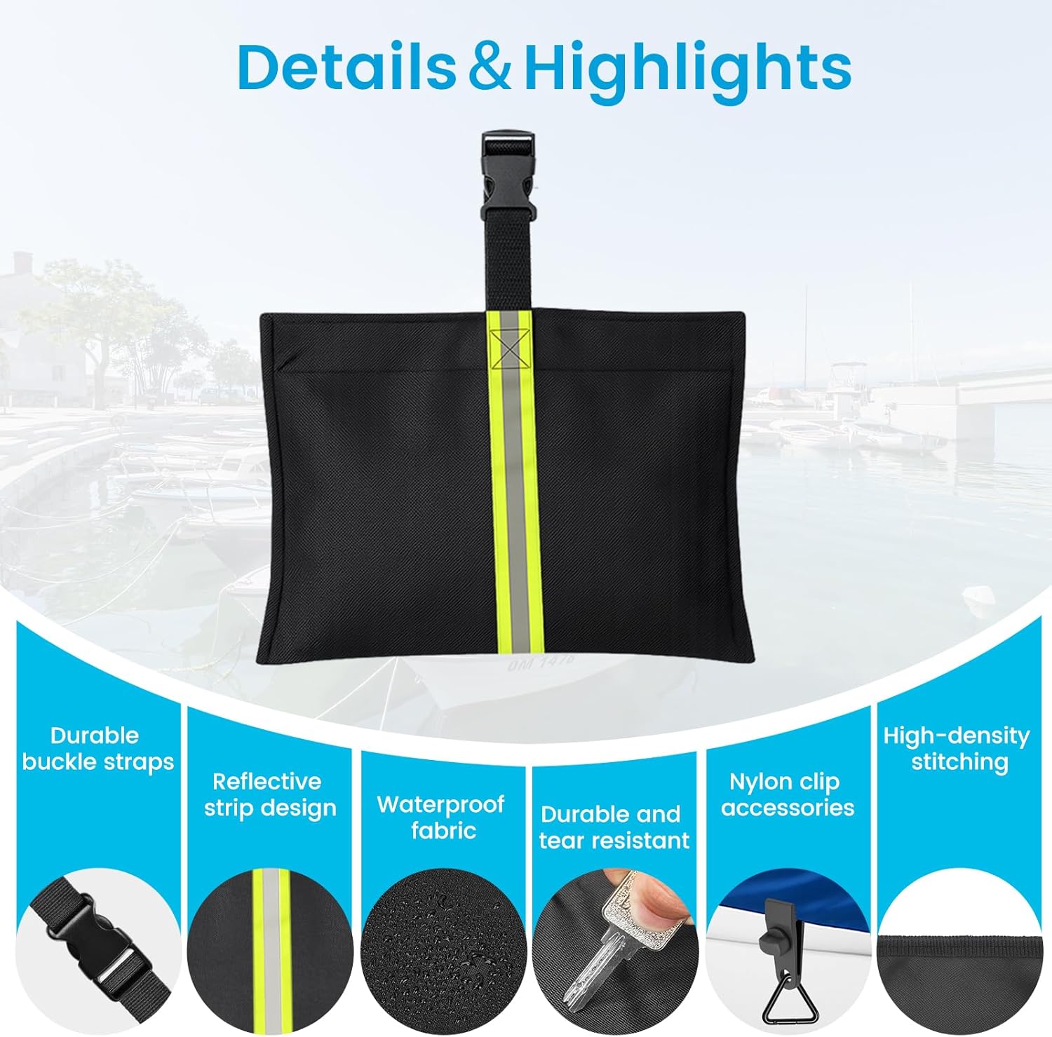 10 Pack Boat Cover Sandbags, 800D Marine Grade Polyester Fabric Reflective Sand Bag Mooring Kit, Windproof Boat Cover Weight Bags with Tarp Clip Accessories