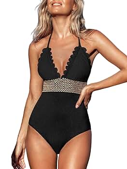 CUPSHE Women's One Piece Swimsuit Halter Back Tie Scalloped