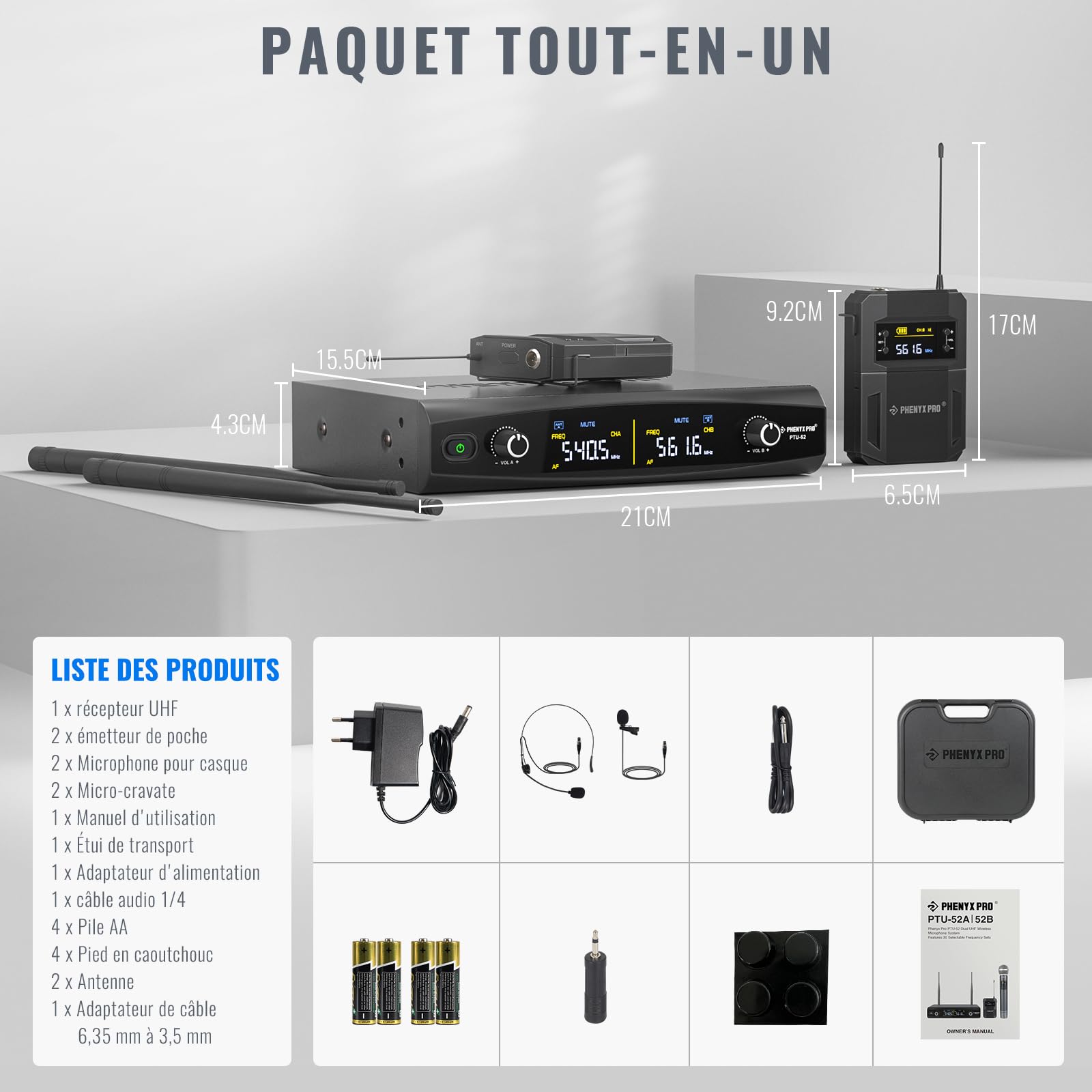 Phenyx Pro Système de Microphone sans Fil UHF avec 2x30 fréquences, Ensemble de micros sans Fil en métal, 2 Packs de Corps et Casques/Microphones à Revers pour Karaoke, Chant, église, DJ (PTU-52-2B)