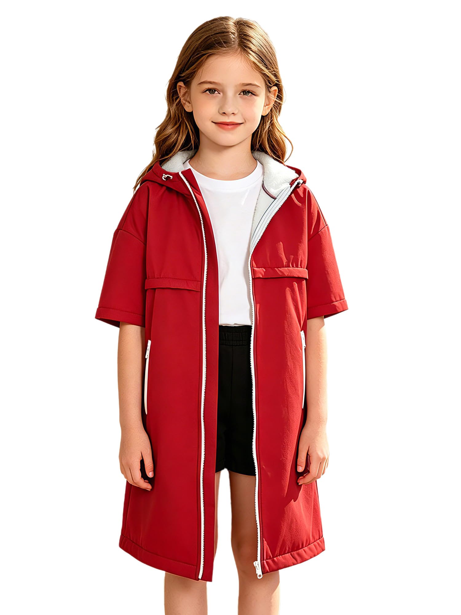 Runhomal Kinder Badeponcho Flanell Bademantel Kapuze Poncho Mit Taschen Zip Cover Up Schwimmjacke Laufjacke Leichte Funktionsjacke Schnelltrocknende Schwimmrobe
