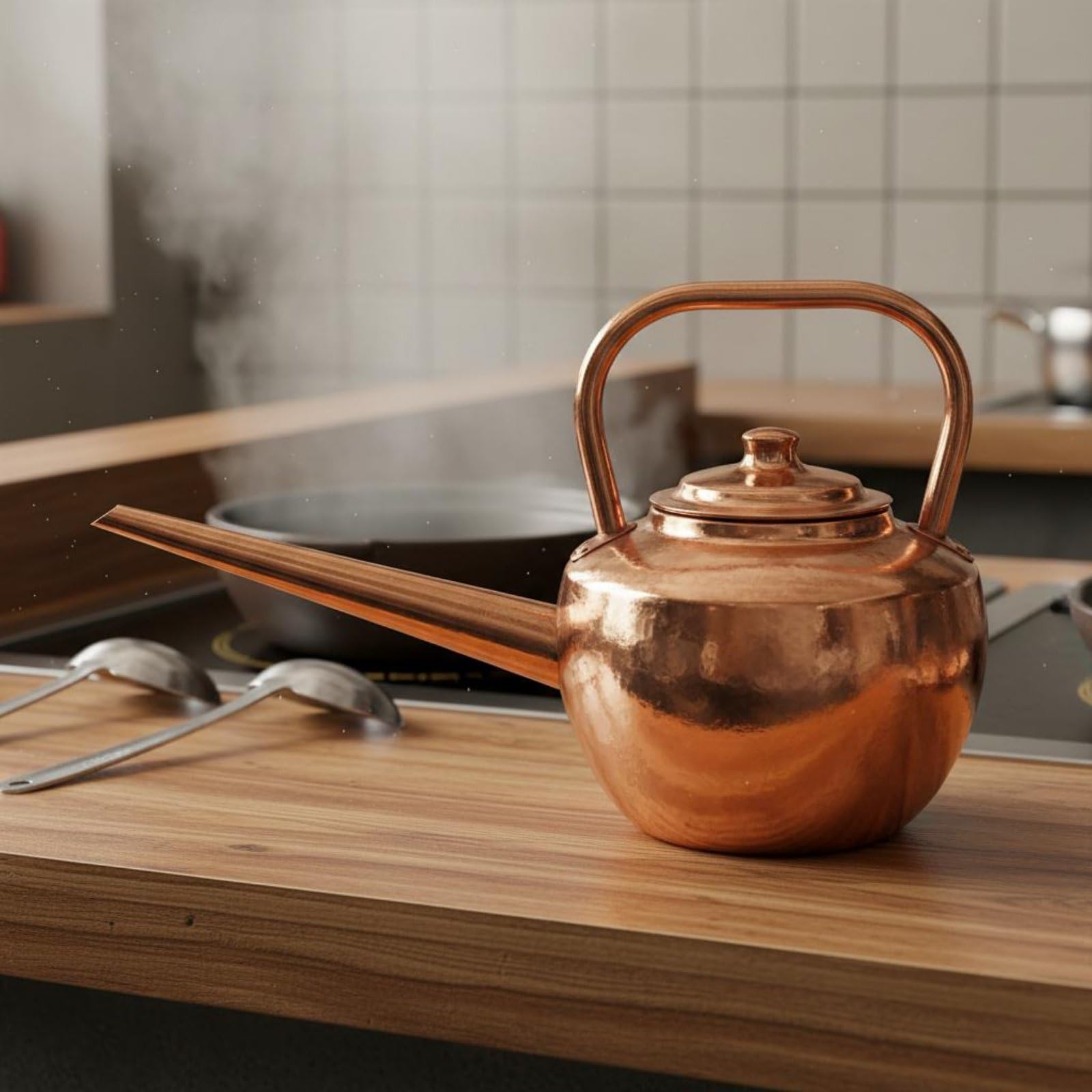 Kupfer Suppenkelle Kupferkessel Warmtopf Ausgießkanne Schöpfkelle Kupferkörper mit Langem Ausguss Gleichmäßiger Fluss für Und Wasser für Gastronomie Buffet Esstisch Hotpot, Kupfer, 5 Liter