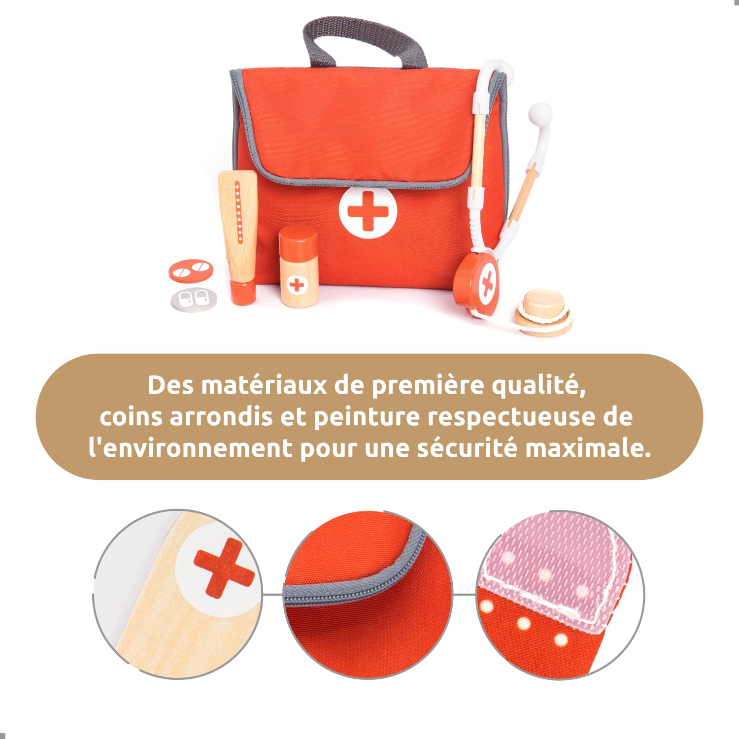 UMU® Mini Malette Docteur Enfant en Bois – Kit Médecin 14 Pièces avec Stéthoscope, Thermomètre, Tensiomètre, Seringue et Plus, Jouet Docteur pour Enfants dès 3 4 5 6 Ans, Jeu d’Imitation Éducatif