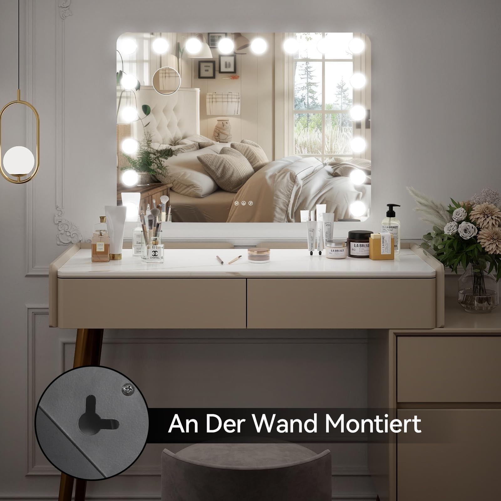 YU YUSING Hollywood Schminkspiegel mit Beleuchtung, 80x60cm 18 LED-Licht Kosmetikspiegel 3 Modi, Vanity Spiegel Tischspiegel Wandspiegel mit USB 10X Vergrößerung für Schlafzimmer Schminktisch, Weiß