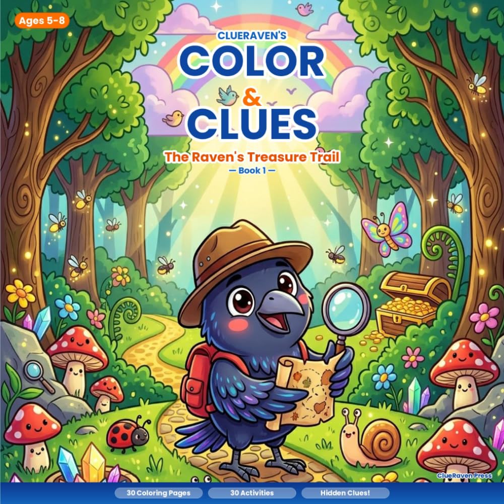 Color & Clues: The Raven's Treasure Trail: A Coloring & Activity Book with Hidden Clues, Puzzles, and a Treasure Hunt for Kids Ages 5-8 (ClueRaven's Color & Clues)