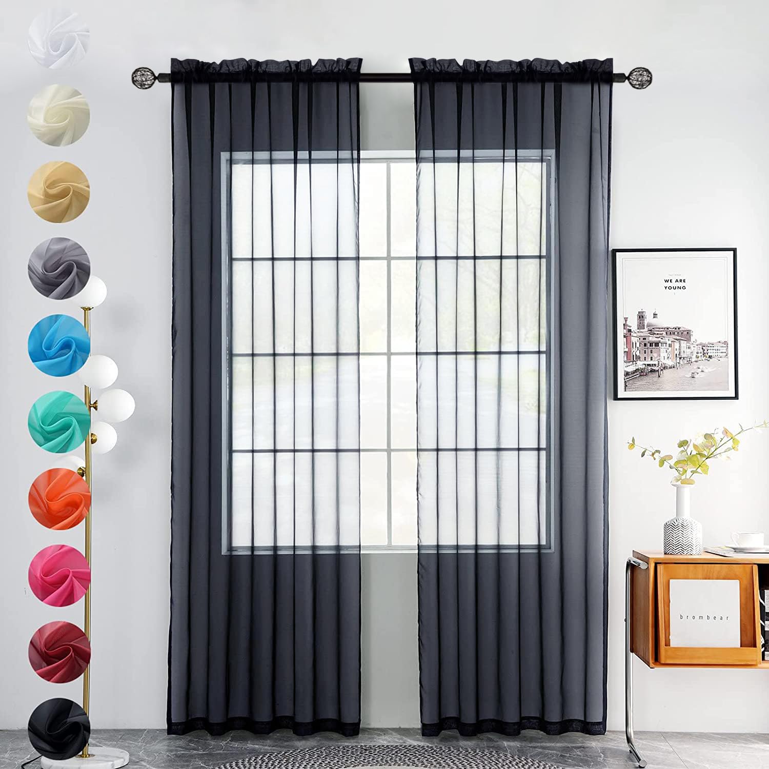 youleyar Solid Sheer Rod Pocket Curtain Voile Draperies 2 Panels White Beige Black Grey Coffee 52 Inch Width 72 Inch Long 1 Pair for Kitchen Bedroom