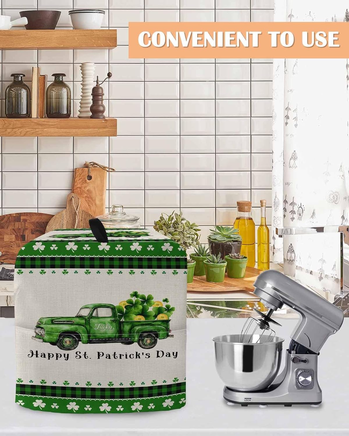 St. Patrick's Day Stand Mixer Cover with Storage Pocket, Waterproof Kitchen Mixer Covers, Shamrock Truck Green Plaid Beige Kitchen Appliance Dust Cover Compatible with 6-9 Quart Mixers