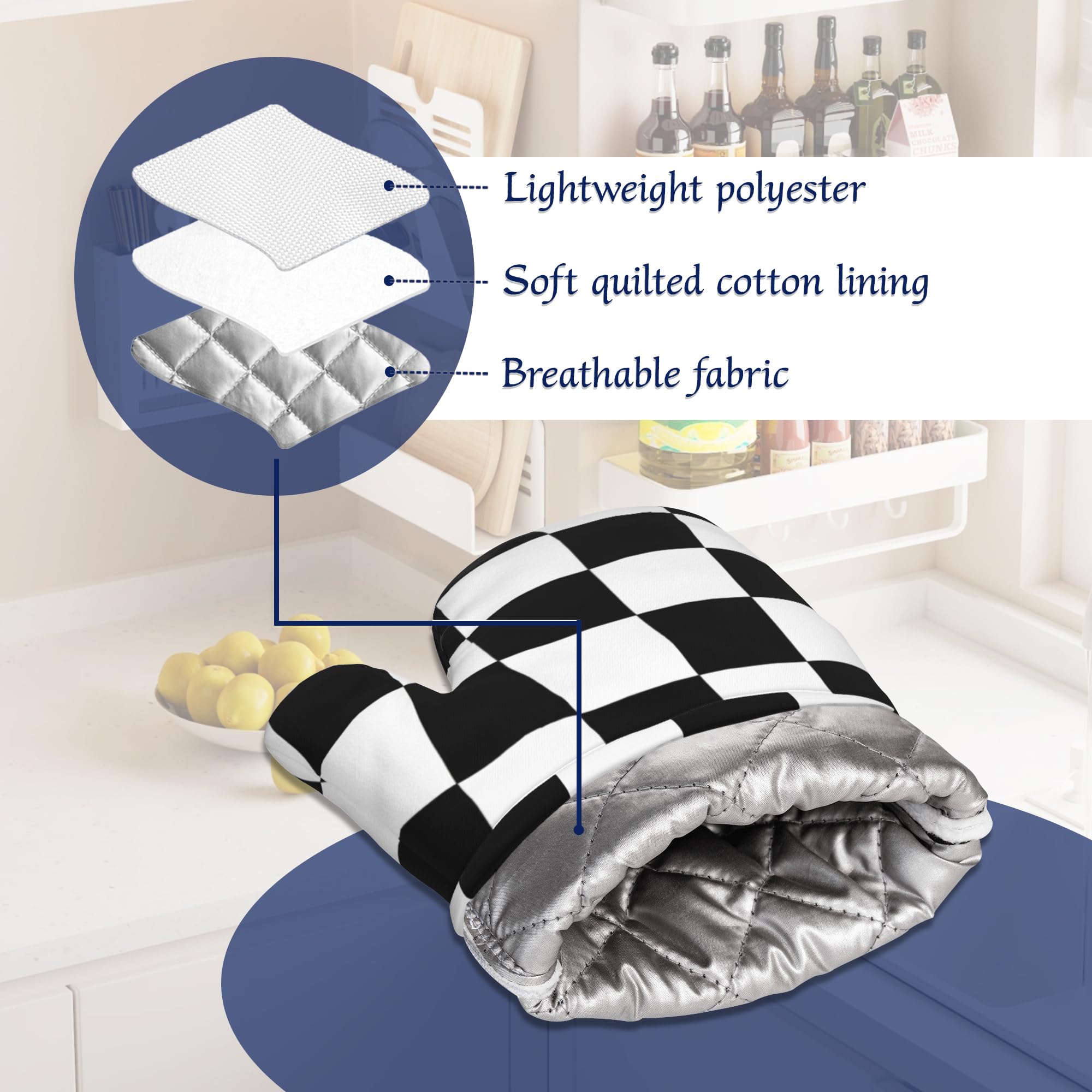 Ofenhandschuhe und Topflappen, Set mit 4 Stück, Büffelkaro, hitzebeständig, Silikon, Ofenhandschuhe, rutschfeste Küchenhandschuhe, Topflappen zum Kochen, Backen, Grillen, BBQ