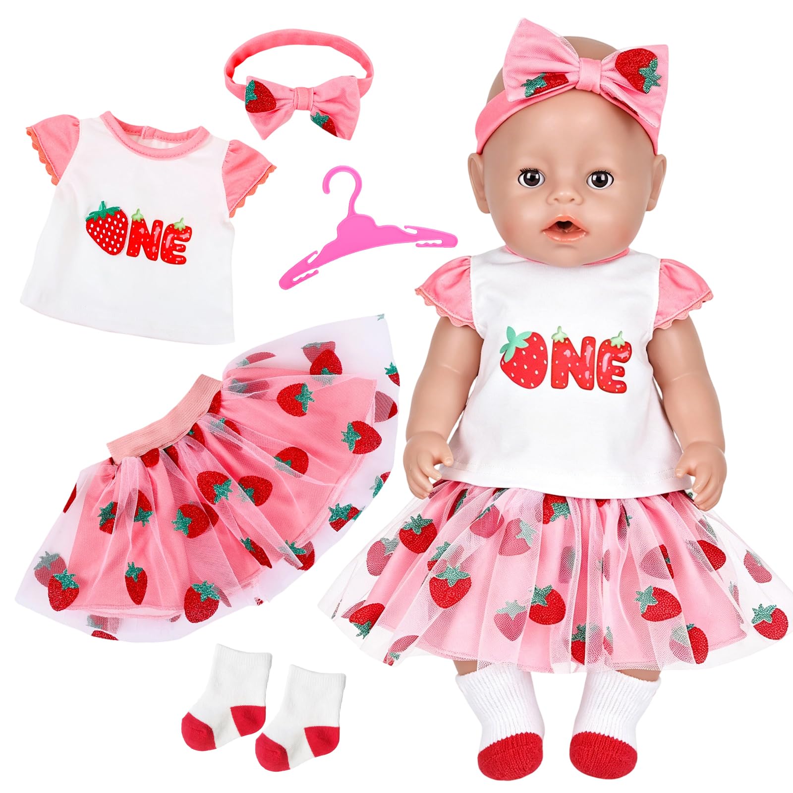 5 Pcs Baby Doll Clothes for 14-17 Inch Dolls, Cute Doll Clothes Set,1 Pink Strawberry Top, 1 Strawberry Tulle Skirt , 1 Headband, 1 Socks, 1 Hanger, Doll Clothes Set for 35-43 cm Doll, Girl's Gift