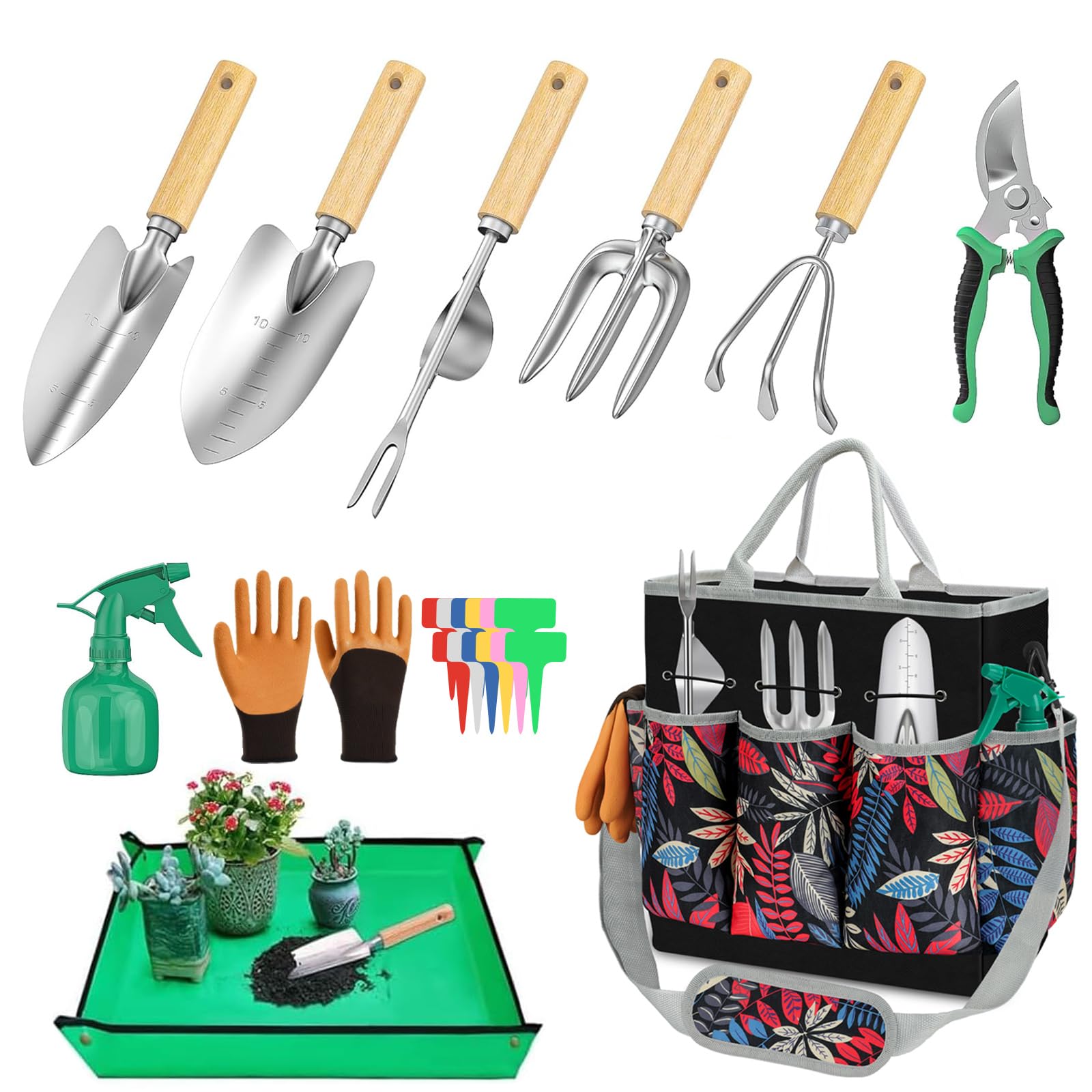 22PCS Garden Tools Set, Gardening Tools, Gardening Gifts for Women Mothers Day, Stainless Steel Rust-Proof Hand Garden Tools with Floral Tote Bag for Gardening Beginners (Black)