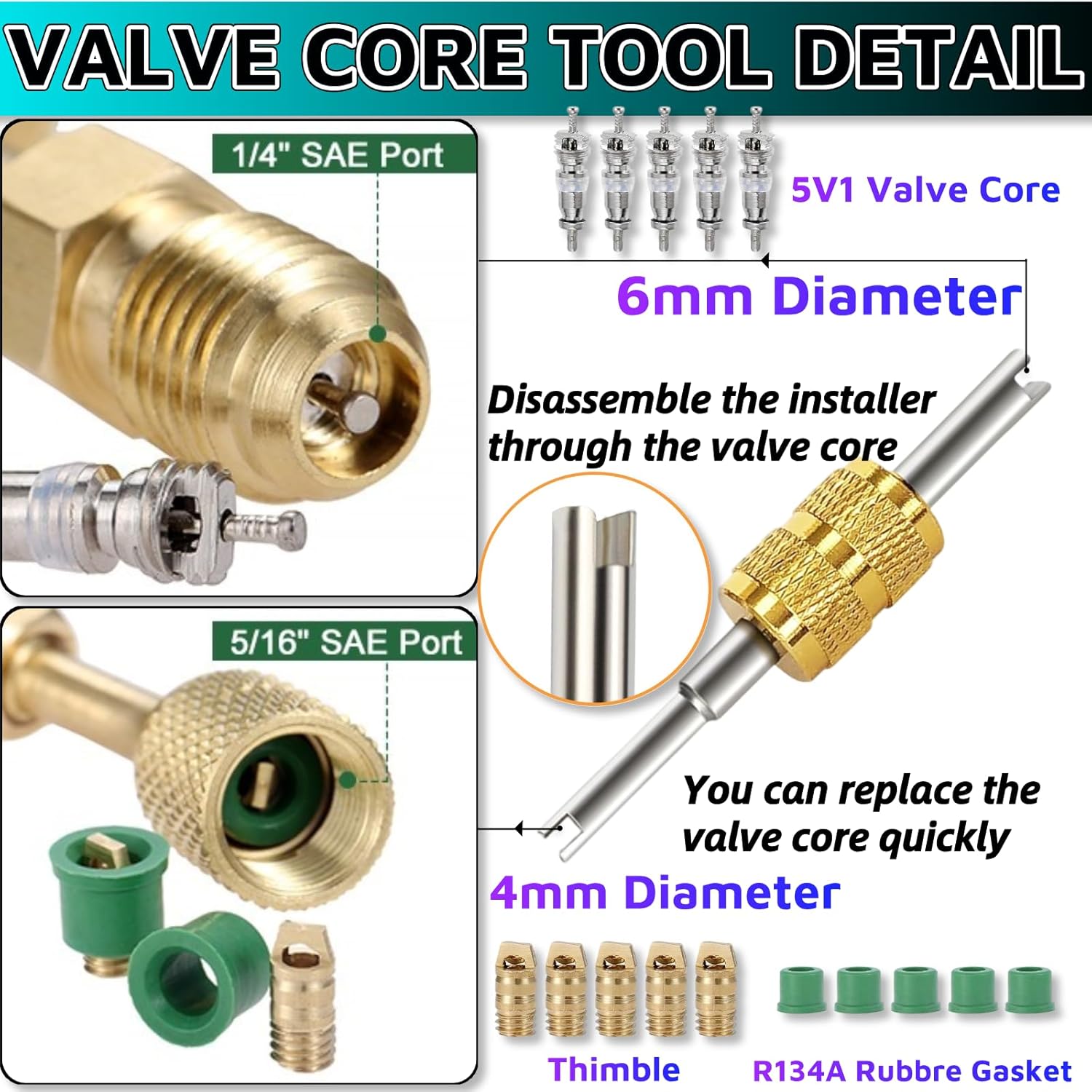 R410a Adapter for Mini Split System, Charging Vacuum Port Adapter, 5/16 Female 1/4 Male Flare, Valve Core Remover, R134A Hose Gaskets, 5V1 Valve Cores, for Air Conditioners Refrigeration HVAC Service