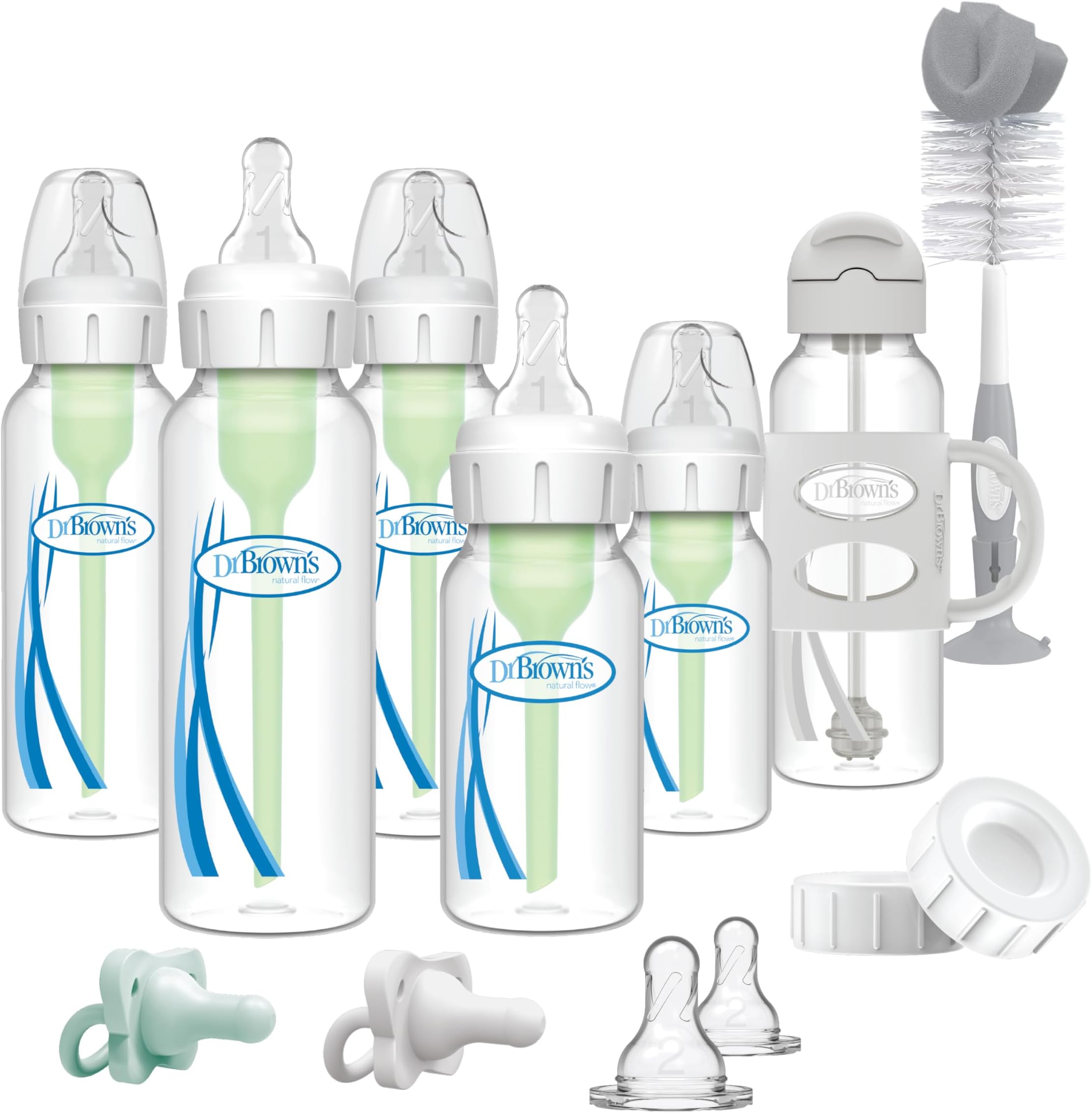 Anti-Colic Options+ Narrow Bottle Gift Set with Sippy Straw Bottle, HappyPaci Silicone Pacifiers, Storage/Travel Caps, and Bottle Brush, Green/Gray