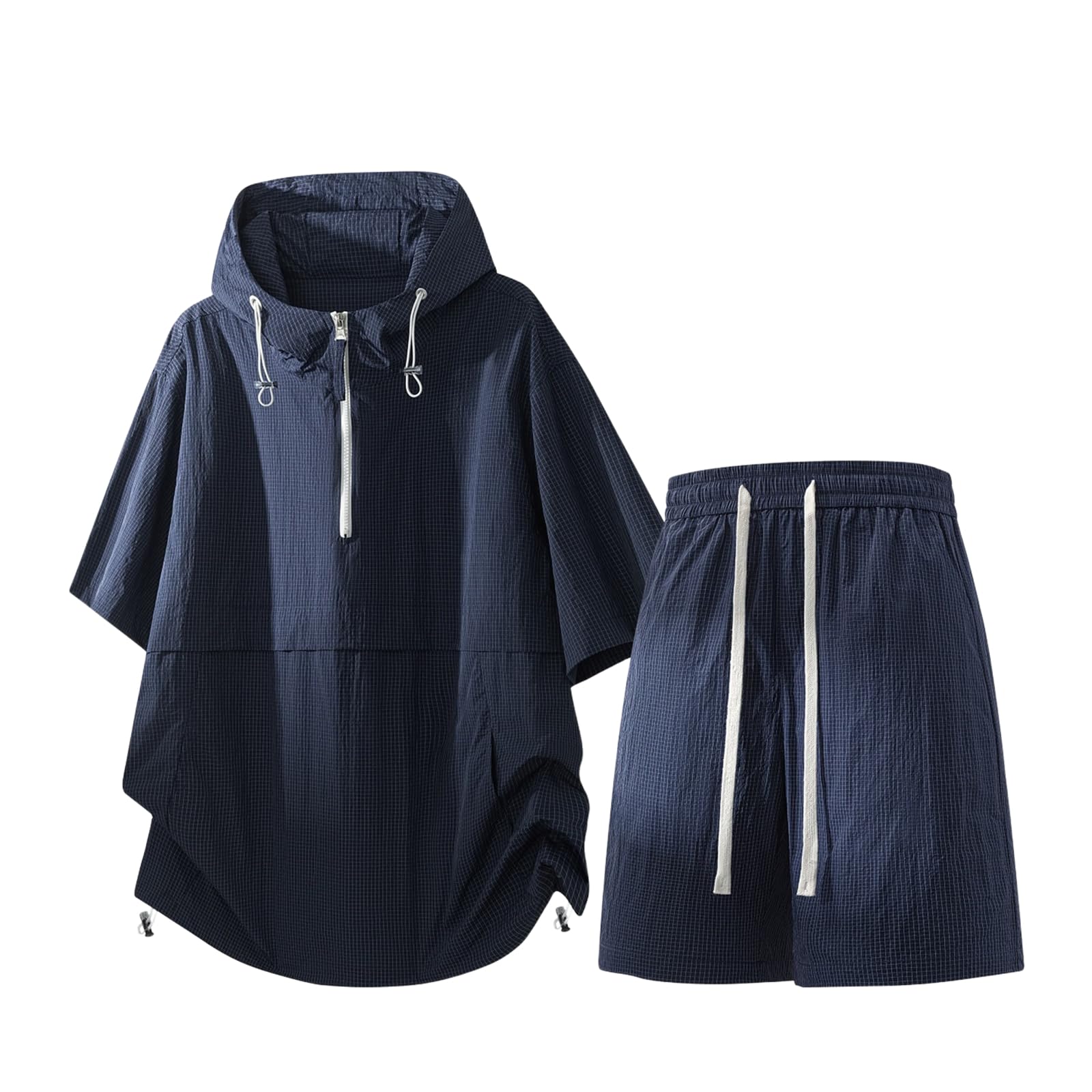Men's Half Zip Hooded Sport Set Ice Silk Quick Dry T-shirt Shorts 2 Piece Summer-Black-XL