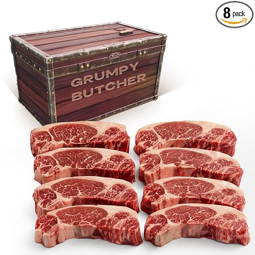 Grumpy Butcher New York Strip Steaks, 8 Pack (10 oz each) - Prime Steakhouse Quality Beef NY Strip Steak Meat - For Delivery in Grumpy Butcher Meat Gift Packages Specials Option