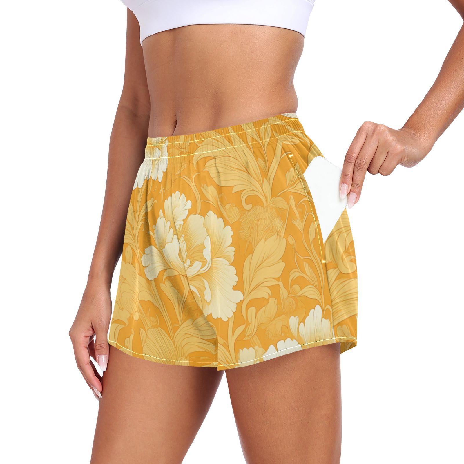 EtherSpher Orange Floral Chinese Style Women Athletic Shorts Loose&Comfy Lady Training Shorts for Biking Surfing Vacation Swim Party Pantalon Corto para Mujer L