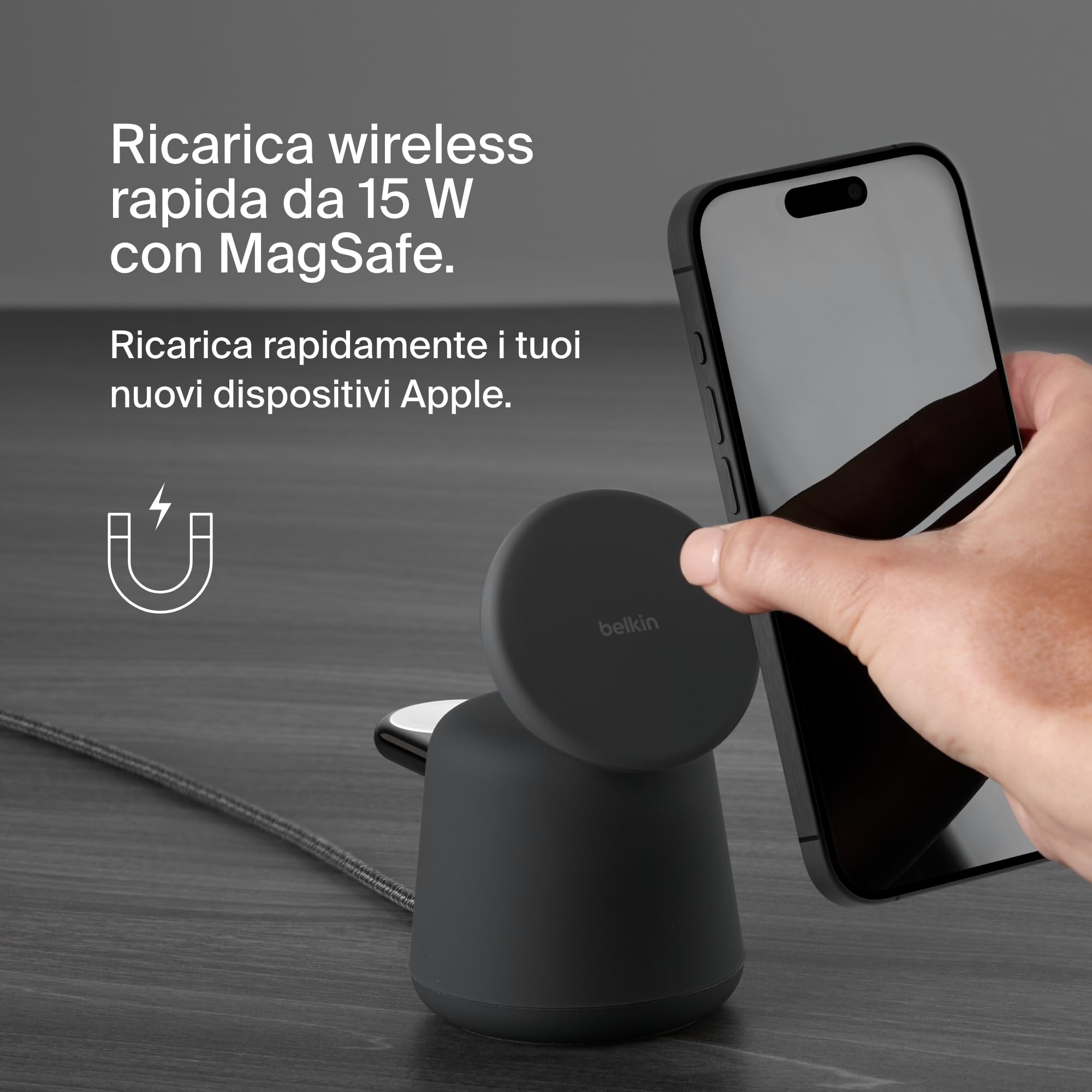 Belkin BoostCharge Pro Dock di ricarica wireless 2 in 1 con MagSafe 15 W, caricabatteria rapido per iPhone, stand compatibile con iPhone 16, 15, 14, 13 e 12, AirPods e altri dispositivi con MagSafe