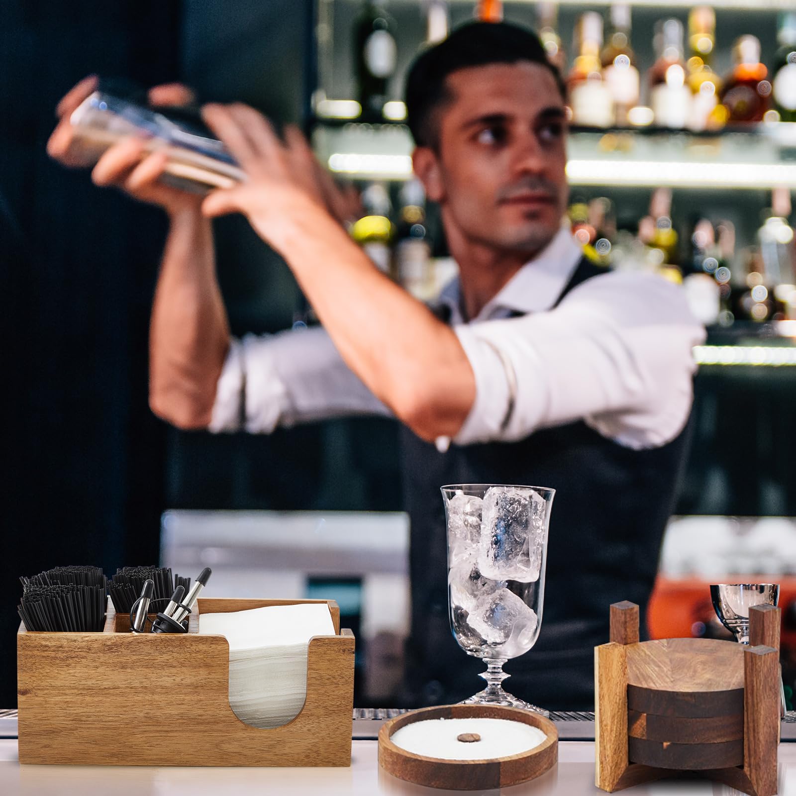 Mifoci Barista multifunzione a 5 ripiani in legno di acacia con 12 pezzi in acciaio inox classico versatore per bottiglie con 6 scomparti, 1000 pezzi mescolatori per caffè e cocktail 200 tovaglioli
