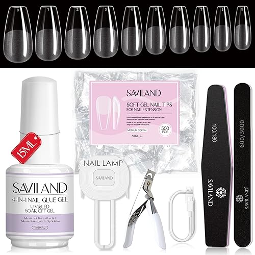 Saviland Gel X Nail Kit Nail Tips and Glue Gel Kit with 36W Curing Lamp 4-in-1 Nail Glue Gel 15ml 500PCS Soft Full Cover Medium Coffin Nail Tips
