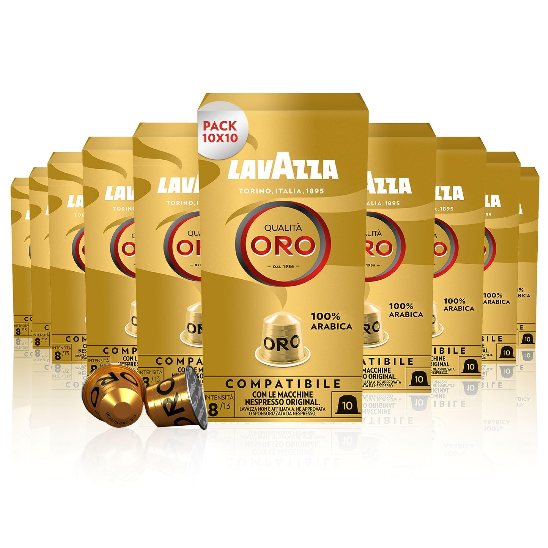 LAVAZZA - Cafe Espresso Qualita Oro - 100% Arabica - Lot de 10 x 10 Capsules Aluminium Compatibles Avec Les Machines Nespresso (100 capsules)