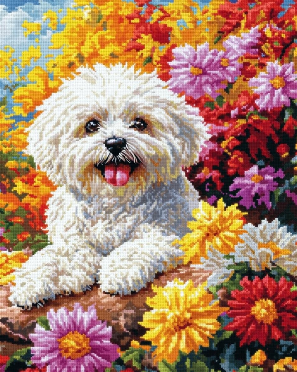 WallustrioaW Cross Stitch Kits,Bichon Frise and Chrysanthemum,DIY Needlework Kits 11CT Stamped Cross Stitch for Beginners Adults Home Bedroom Decoration,16x20in