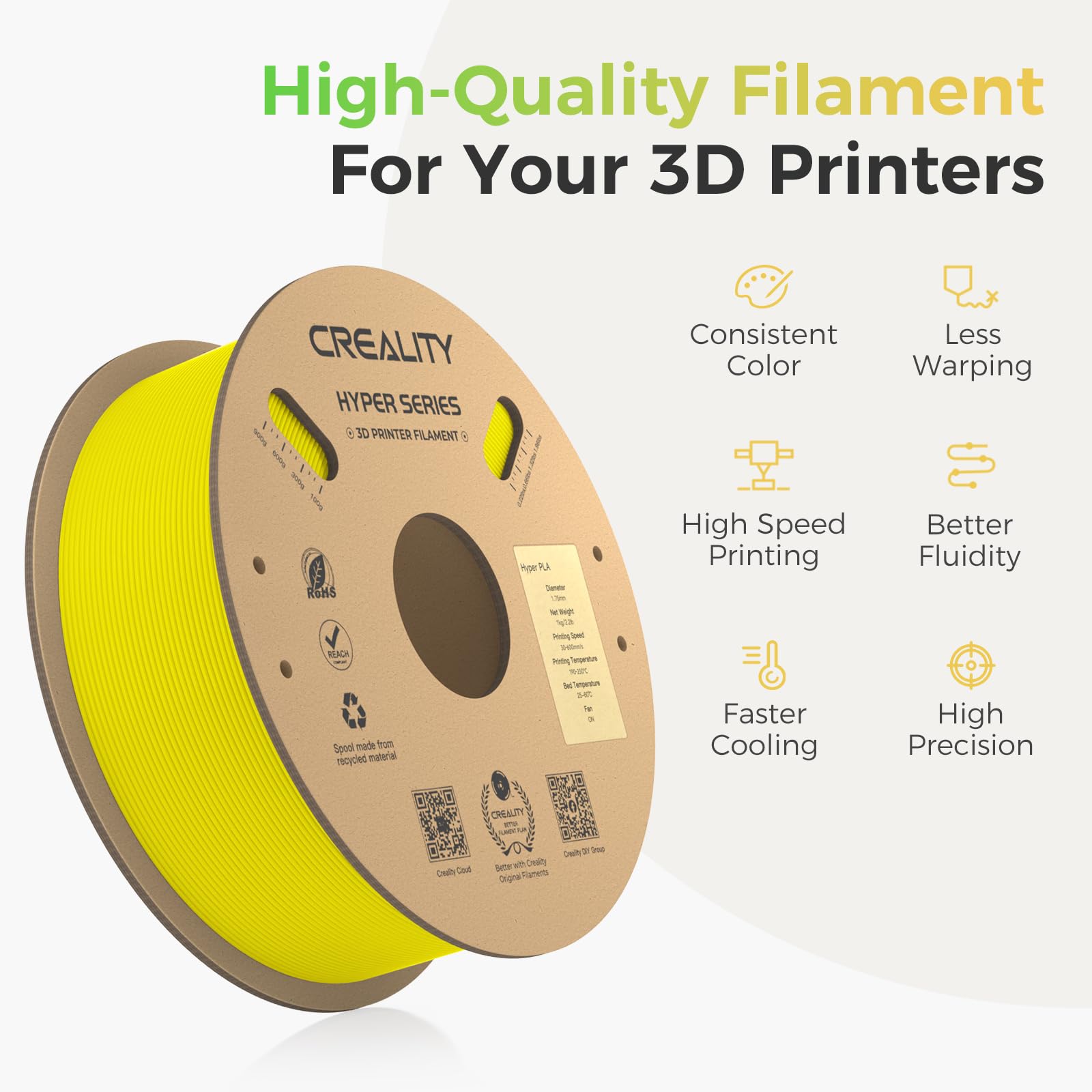 Creality Official Hyper PLA Filament Giallo 1KG, Filamento per Stampanti 3D per la Stampa ad Alta Velocità, Durevole e Resistente, Liscio, Prestazioni a Sbalzo Precisione Dimensionale +/-0,03mm