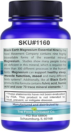 Miniatura 6 de The Food Movement Co. Black Earth Magnesium Essential Nine - 60 cápsulas veganas con glicinato de magnesio, citrato, malato y más, 9 formas