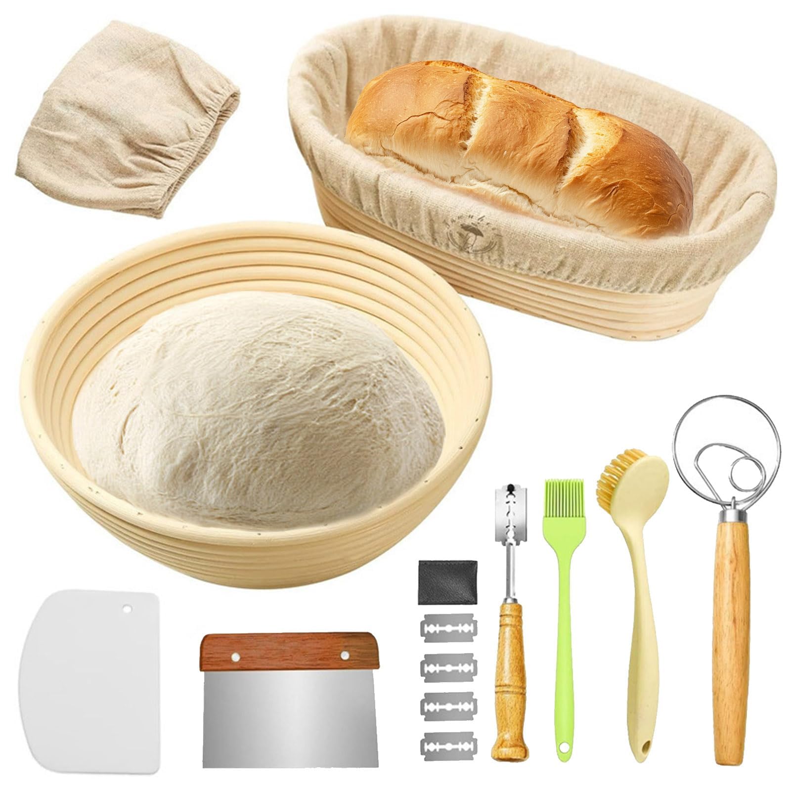 Bread Proofing Basket Set, 9 Inch Round & 10 Inch Oval Banneton Proving Baskets with Liners, Dough Scraper, Bread Lame, Cleaning Brush and Whisk for Bread Baking
