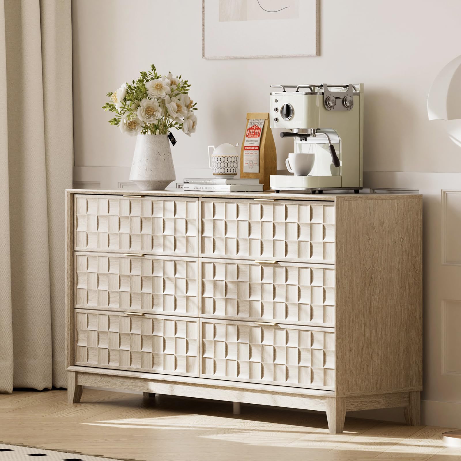 COLAMY Fluted Storage Cabinet with 6 Drawers, 55” Modern Wood Organizer Sideboard, Accent Cabinet with Metal Handles for Living Room, Entryway,
