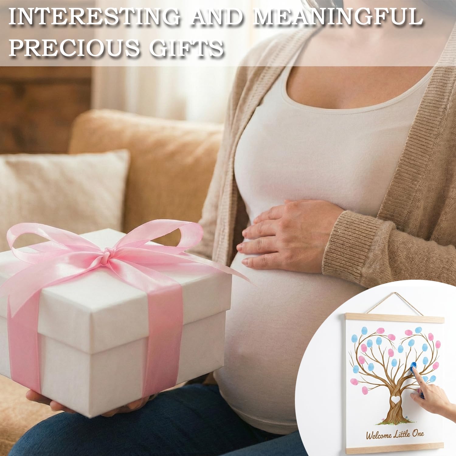 Fingerprint Tree Canvas Guestbook for Gender Reveal, 12x15 in Party Sign-in Keepsake Wall Art, Pink & Blue Ink Pads Included, Plush Storage Bag, Baby Shower Guest Book Alternative