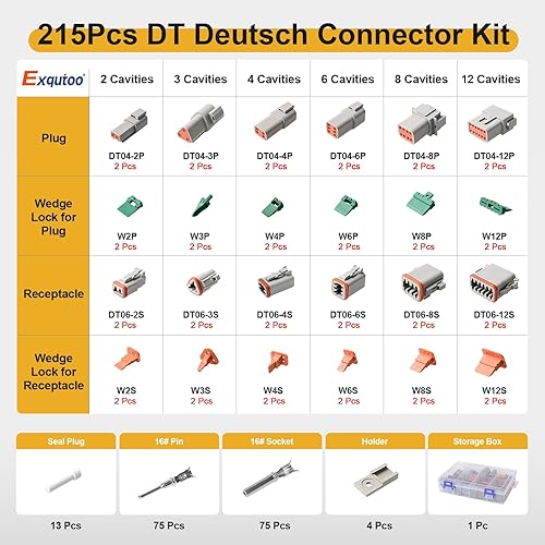 Miniatura 2 de Exqutoo Juego de conectores DT Deutsch de 215 piezas, 2, 3, 4, 6, 8, 12 pines, impermeables, serie DT, surtido, kit de accesorios de reparación