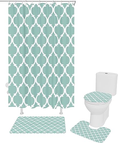 4PCS Shower Curtain Set, Moroccan Teal Turquoise Bathroom Set, Bathroom Accessories Bathroom Decor Sets with Bath Mat Toilet Lid Cover and Shower