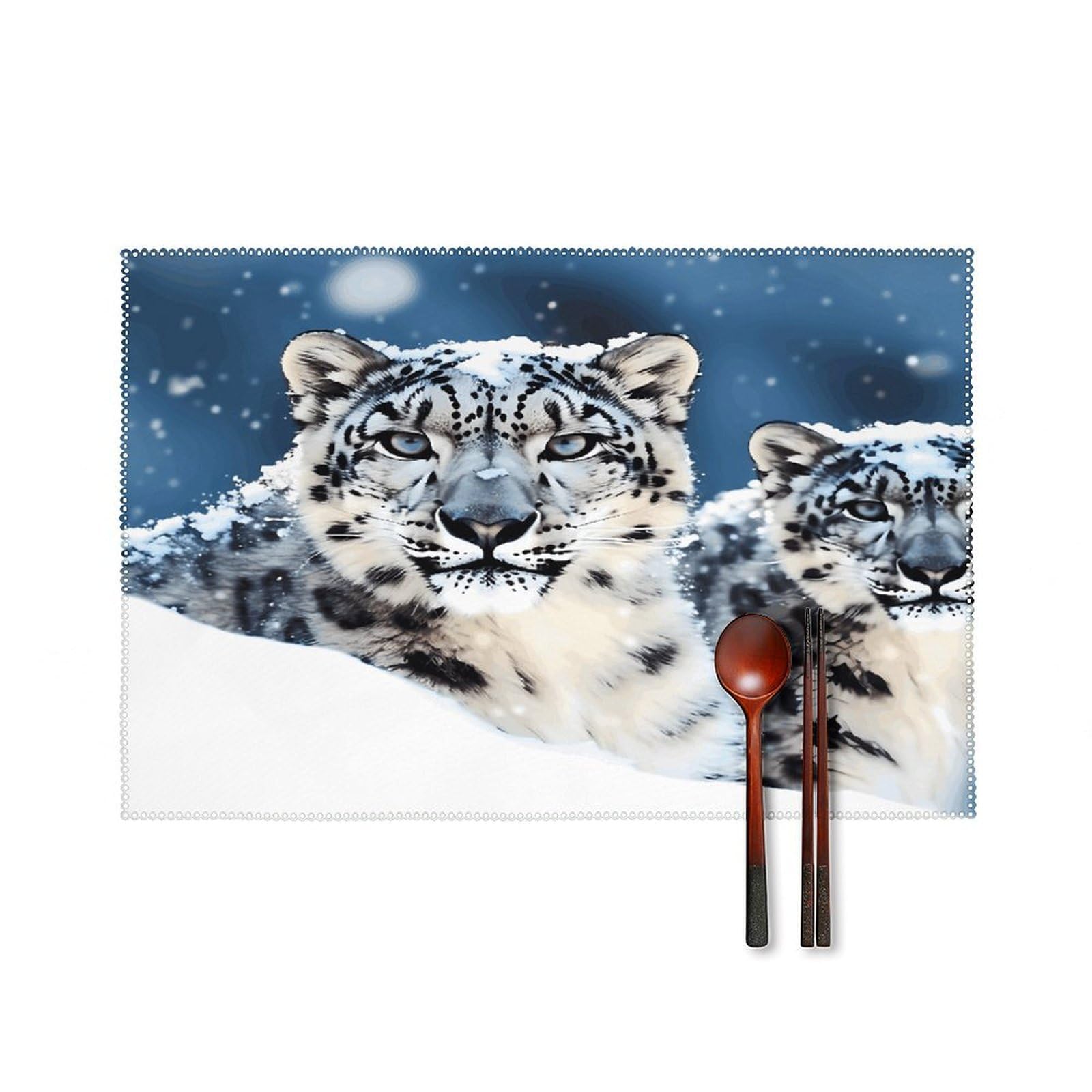 Blue Eyed Snow Leopard Placemats Set of 4 Canvas Washable Cloth Place Mats Wipeable Heat Resistant Table Mats Elegant Cloth Placemat for Kitchen Dinning Party Table Decor 12" X 18"