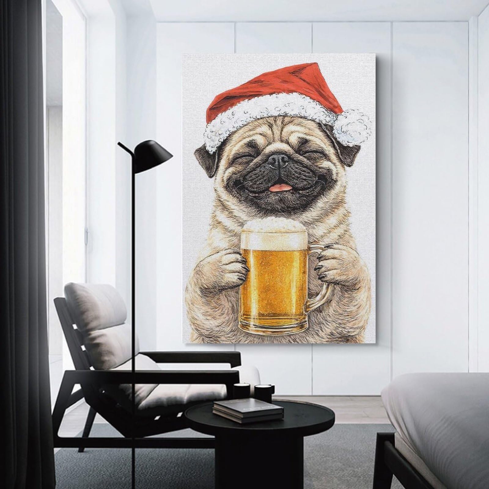 Junmoney Canvas Wall Picture Happy Pug in Santa Hat with Beer, 12x18inch(30x45cm), for Home Lounge, Bedroom Or Reading Nook, A Home Accent with Warm Character