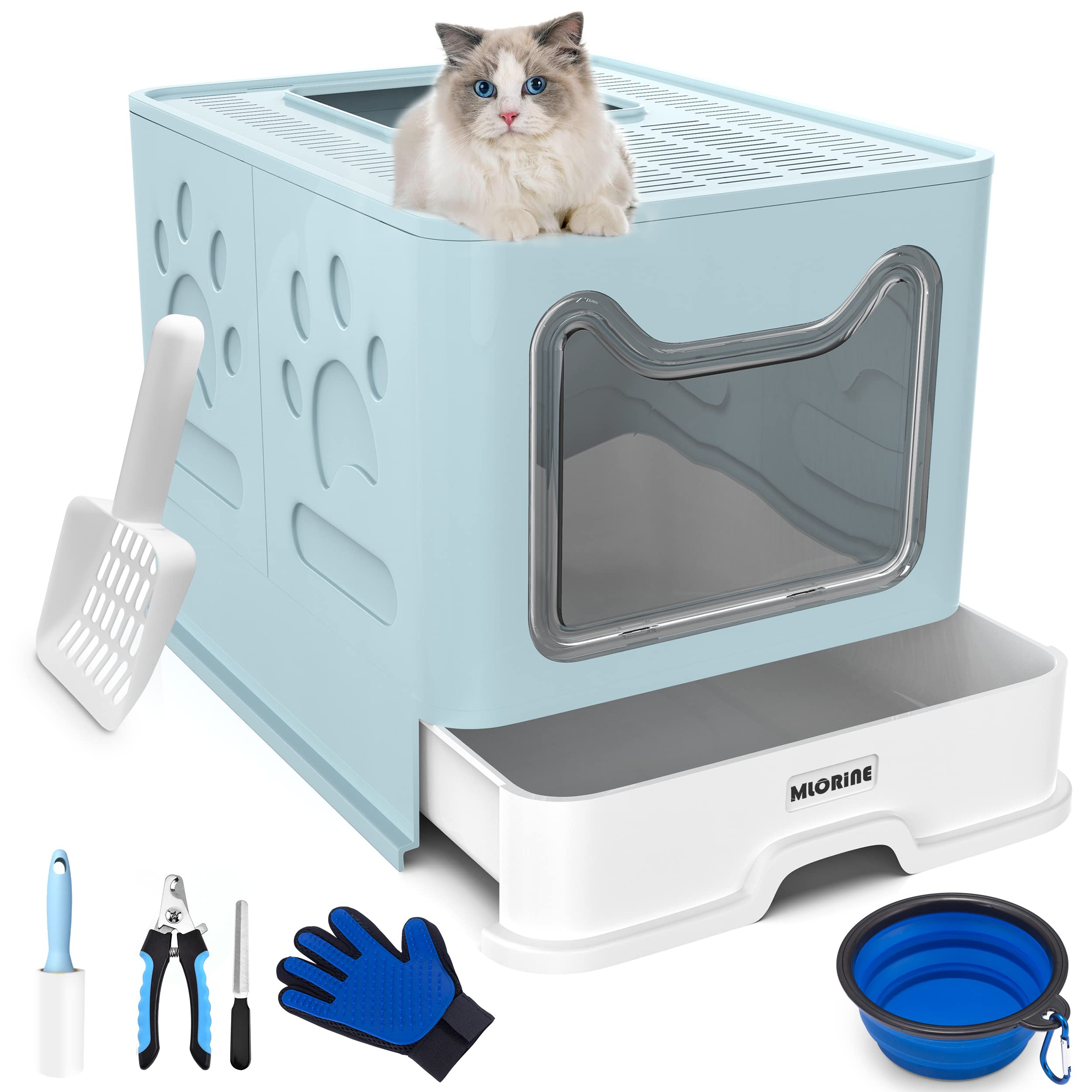 Cat Litter Box Large Pan - Foldable Top Exit Pet Boxes with Entry Lid, Plastic Cleaning Scoop,Cat Nail Clippers,Portable Cats Bowl (Blue) - Blue