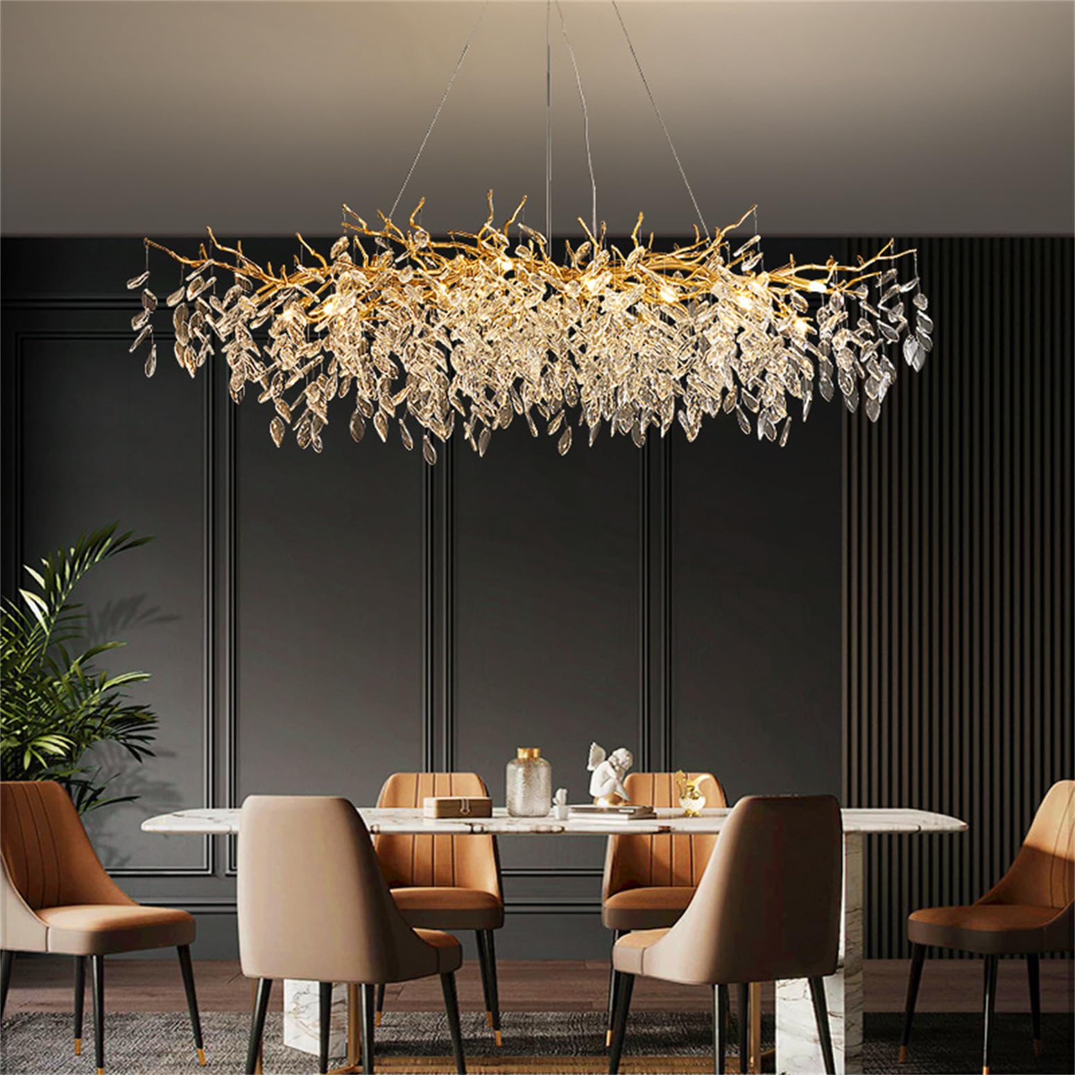 KXEcoLife Modern Crystal Chandeliers, L100CM Rectangle Tree Branch Chandelier Luxury Ceiling Pendant Light Fixture for Entryway Dining Room Bedroom Living