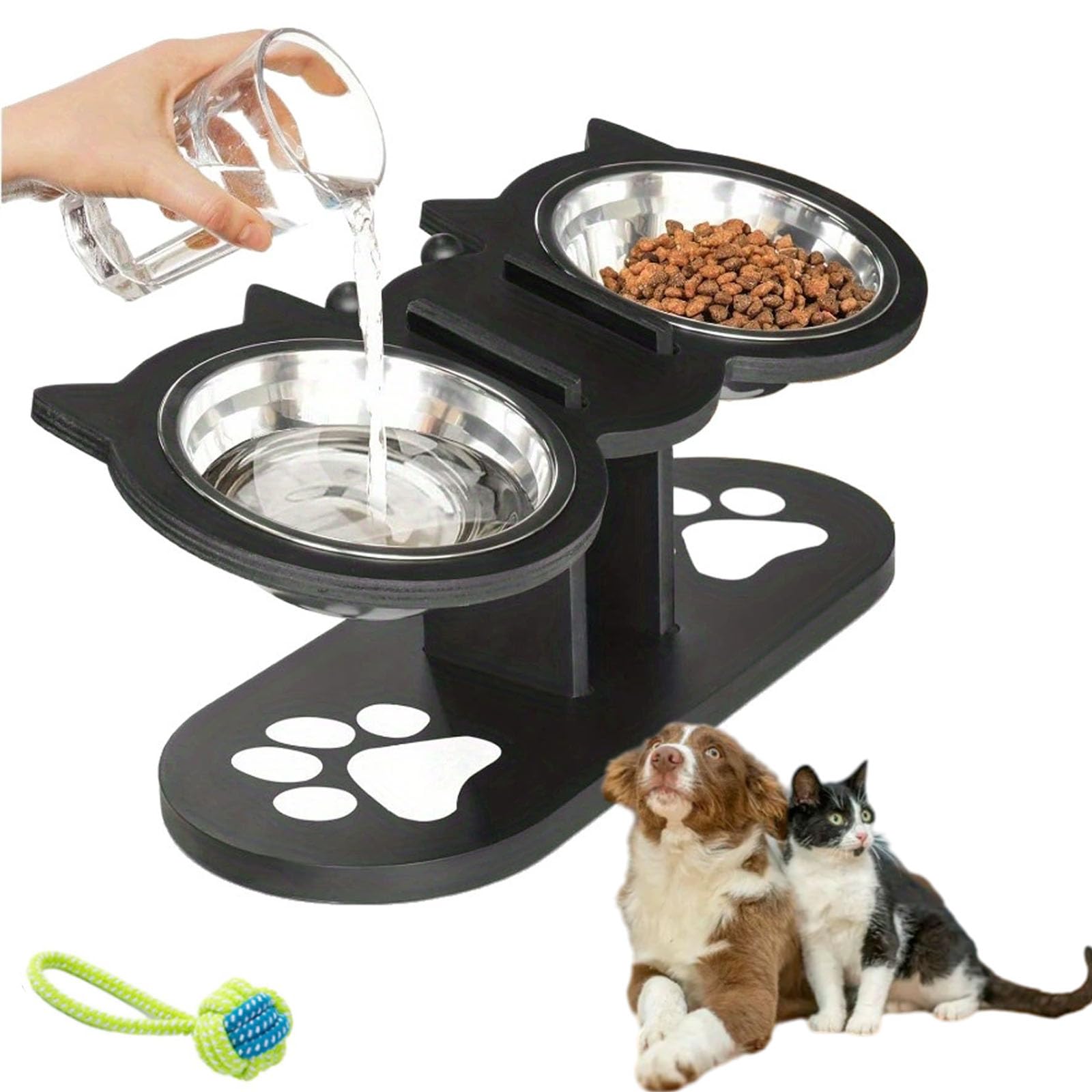 Rutschfester erhöhter Futternapf für Haustiere mit 3 Näpfen, Katzenfutterstation mit 3 Edelstahlnäpfen, 15° geneigte verstellbare Höhe Katzenfutter und Wassernapf mit Ablage, für alle Futternäpfe