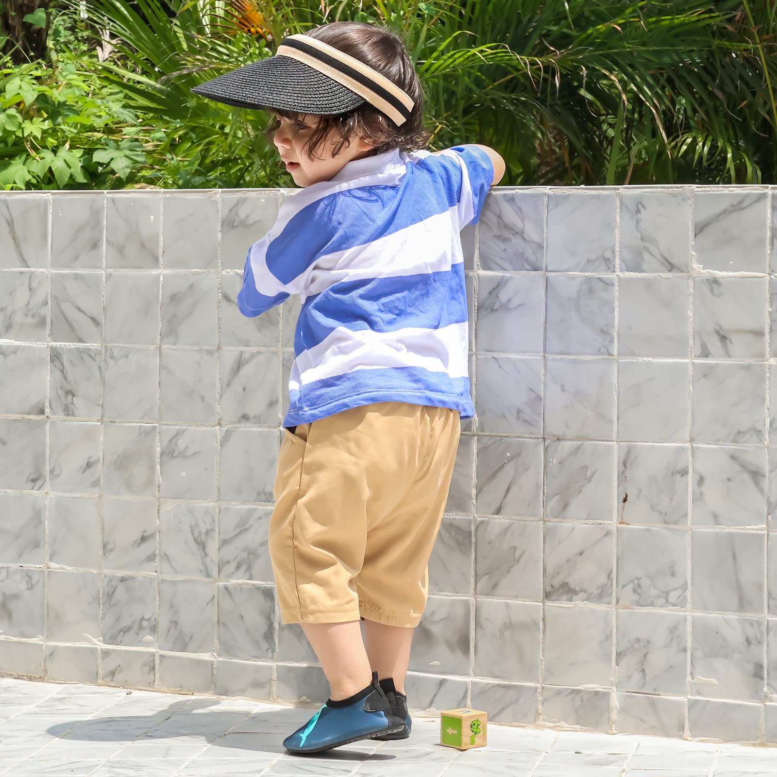 Straw Sun Visors Hats for Kids Embroidered Boys and Girls Wide Brim Roll Up Ponytail Open Top Cap Adjustable Summer Beach UV UPF 58 Travel Outdoor Camping Hiking Packable Foldable,Black