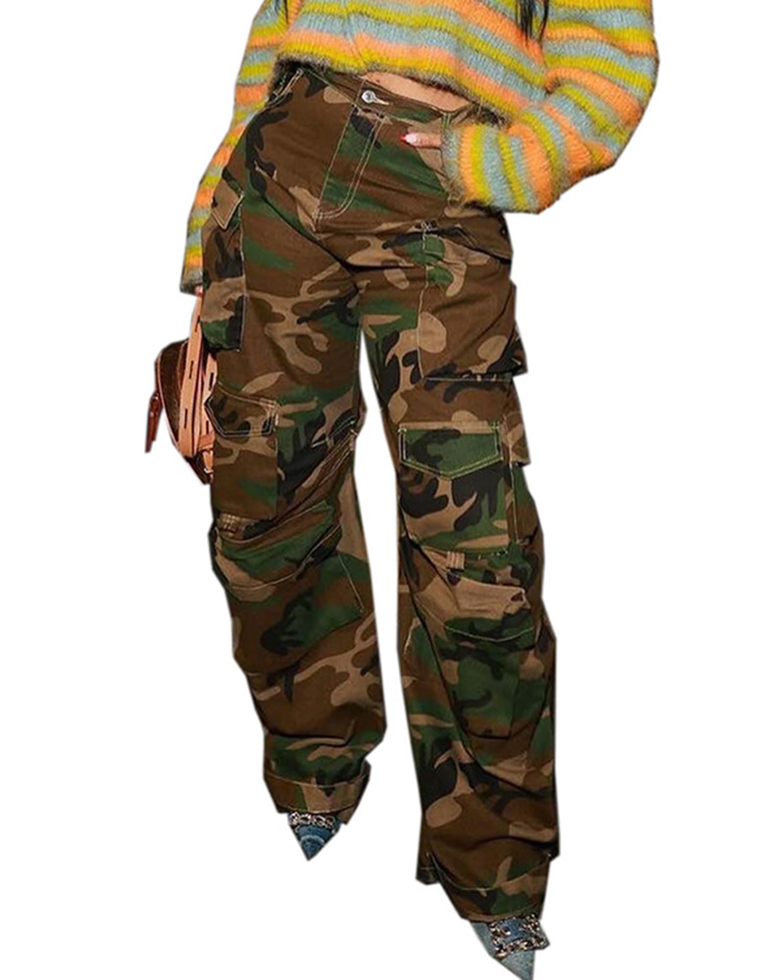 Photo 1 of Tbahhir Womens Casual Camo Pants Straight Sweatpants Army Fatigue Camouflage Jogger Trousers with Pockets 14-camo Green Small