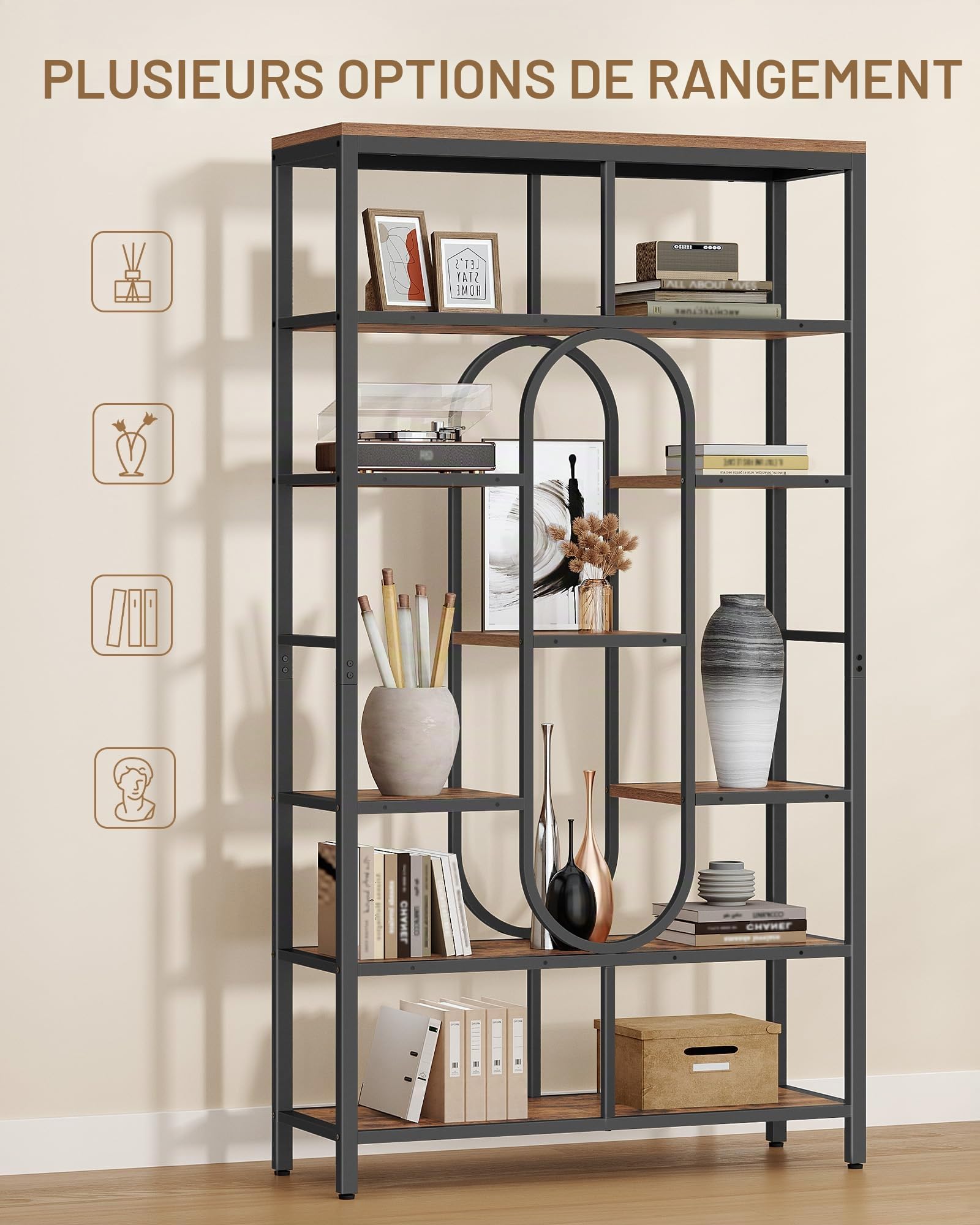Hzuaneri Bibliothèque, étagère d'exposition à 7 Niveaux avec 9 tablettes, étagère sur Pied, Bibliotheque Livre pour Bureau, Salon, Chambre, 30 x 100 x 180 cm, Marron Rustique et Noir BC73001B