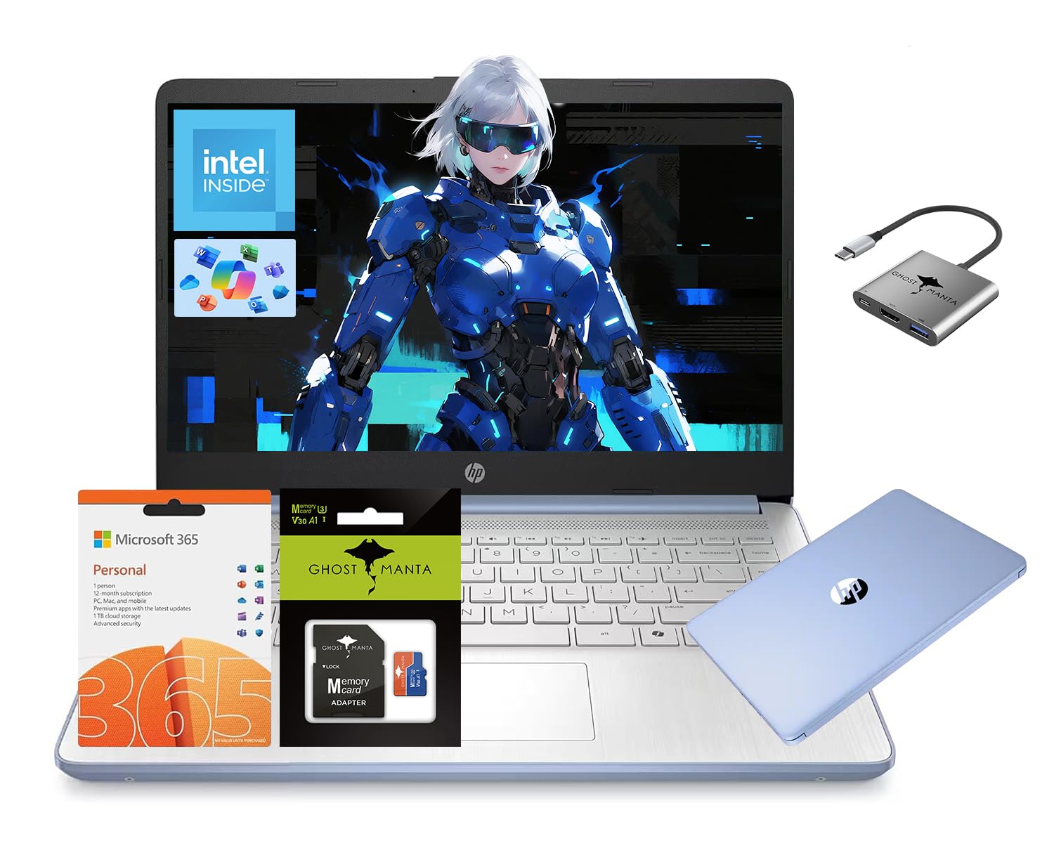 HP 14 Laptop Computer, Quad-Core (Beat i3-1115G4), 8GB RAM 256GB Storage (128GB UFS+128GB Ghost Manta SD Cardd), Laptops for Study Student 1-Year Office 365 Copilot AI WiFi 6 Win11 w/GM Accessories