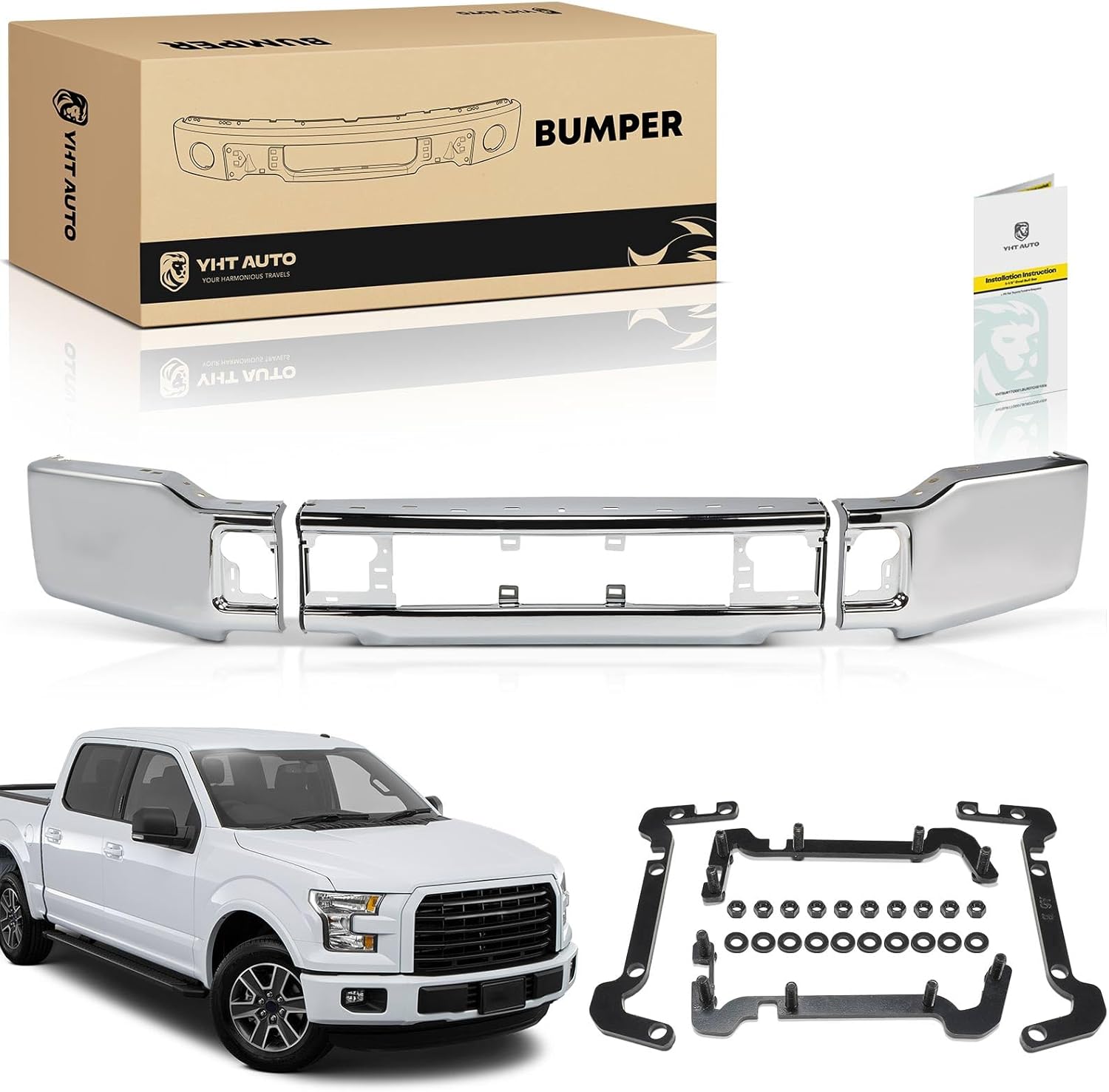 YHTAUTO Front Bumper Face Bar Compatible with Ford F-150 2018 2019 2020, without Fog Light Holes, Steel Chrome Bumper Replacement | 3 Piece Design, Not One| w/o Fog Light Hole