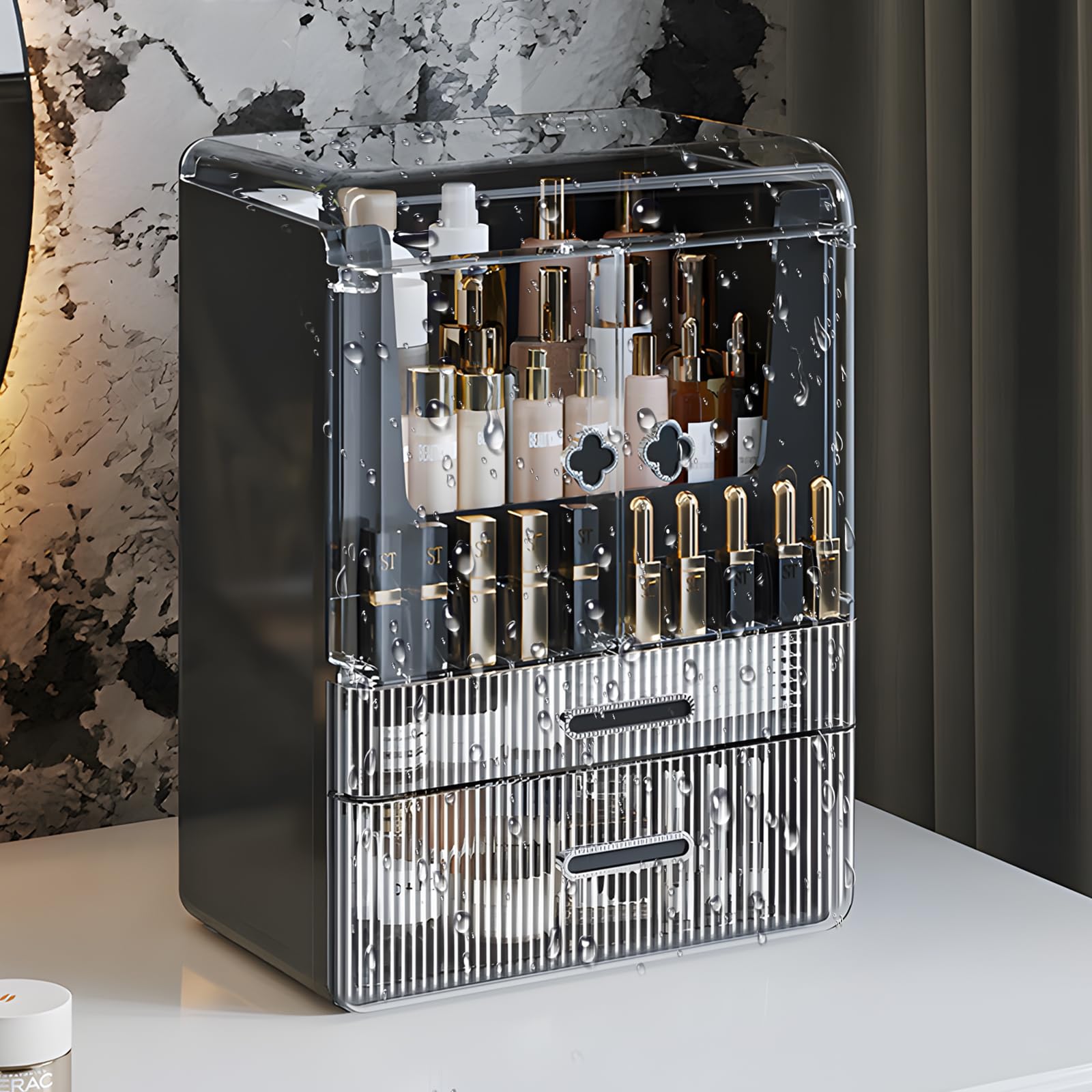 Make Up Organizer Kosmetik Aufbewahrung mit Deckel Schubladen Dustproof Cosmetic Schmink Organizer Beauty Box Hohe Groß Kapazität für Schlafzimmer Badezimmer Schminktisch Schwarz1