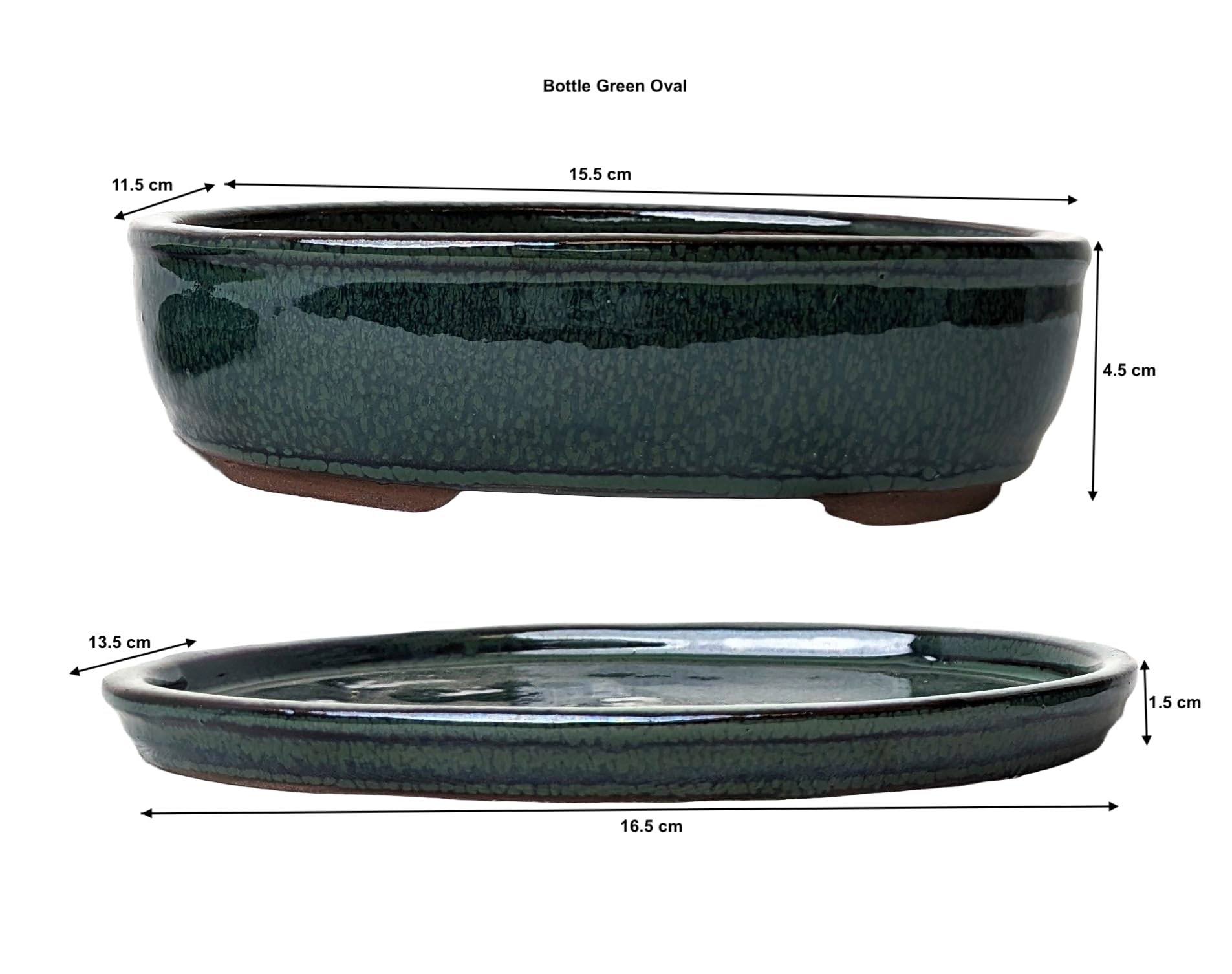 Glazed Ceramic Bonsai Pots with Matching Drip Trays (Bottle Green, 16cm) - Image 3
