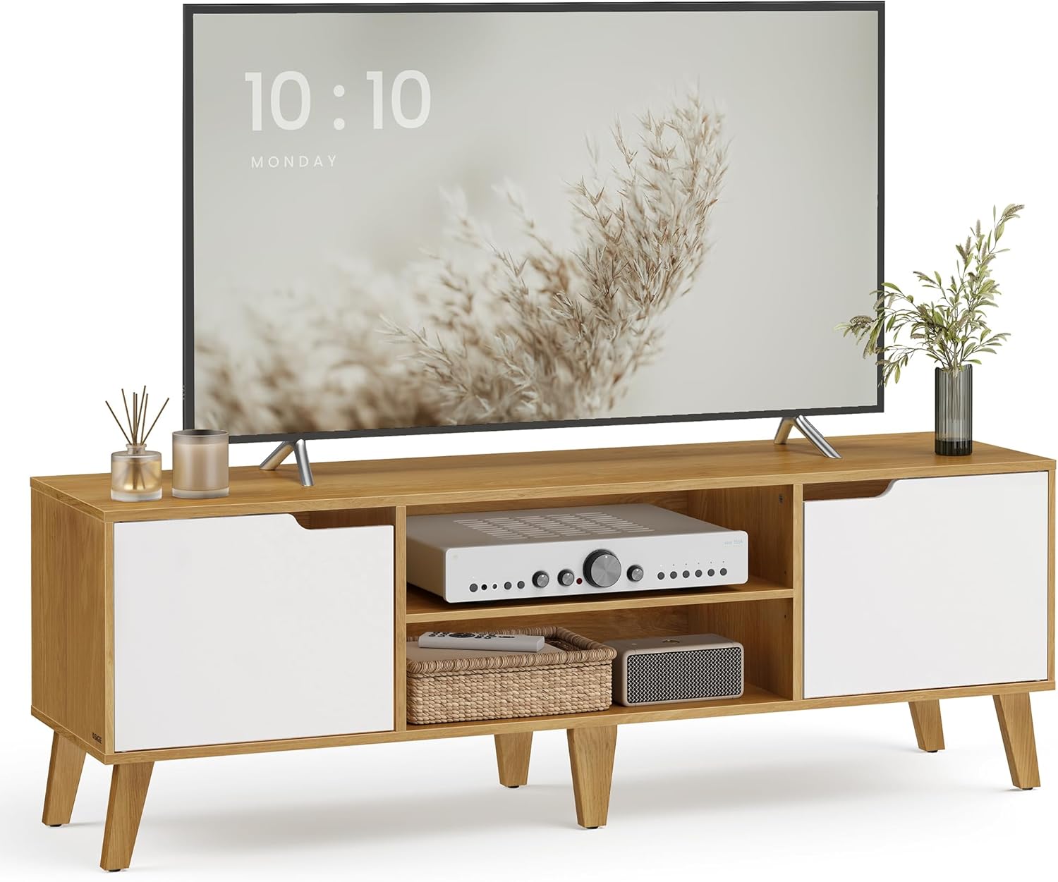 VASAGLE TV-Schrank, Lowboard, Fernsehschrank mit Verstellbarer Ablage, für Fernseher bis zu 65 Zoll, 147 cm lang, Übergangsstil, Fernsehtisch, Wohnzimmer, natureichenfarben-cremeweiß LTV556Y01