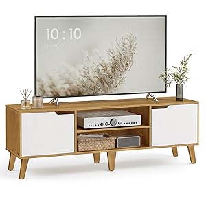 VASAGLE Mueble de TV de 2 Puertas, Soporte de TV con Estantes Ajustables, Largo de 147 cm, para Televisores de 65 Pulgadas, para Salón, Comedor, Dormitorio, Roble Natural y Blanco Crema LTV556Y01
