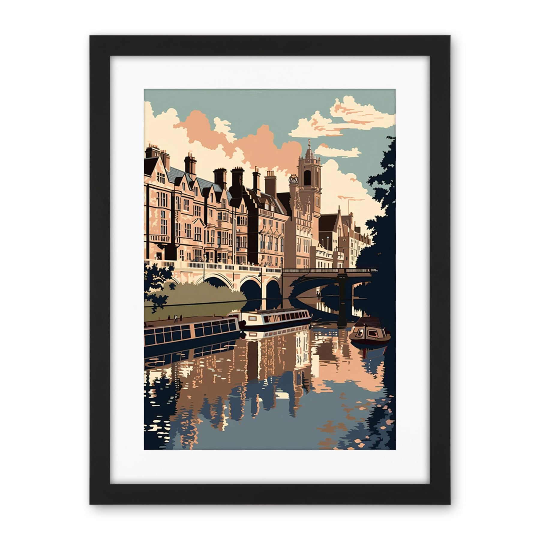 Artery8 River Cam and University of Cambridge Buildings Artwork Framed Wall Art Print 18X24 Inch