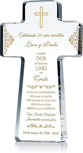 Miniatura 1 de Regalo Cristiano personalizado para Aniversario de boda de 50 años, Cruz de Cristal con nombres de pareja y deseos de Aniversario religioso en oro,