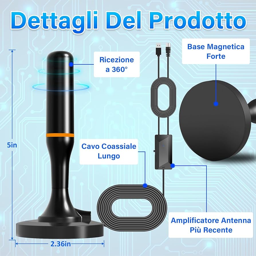 Antenna TV Digitale Interna - Ricezione 4K 1080p Con Base Magnetica