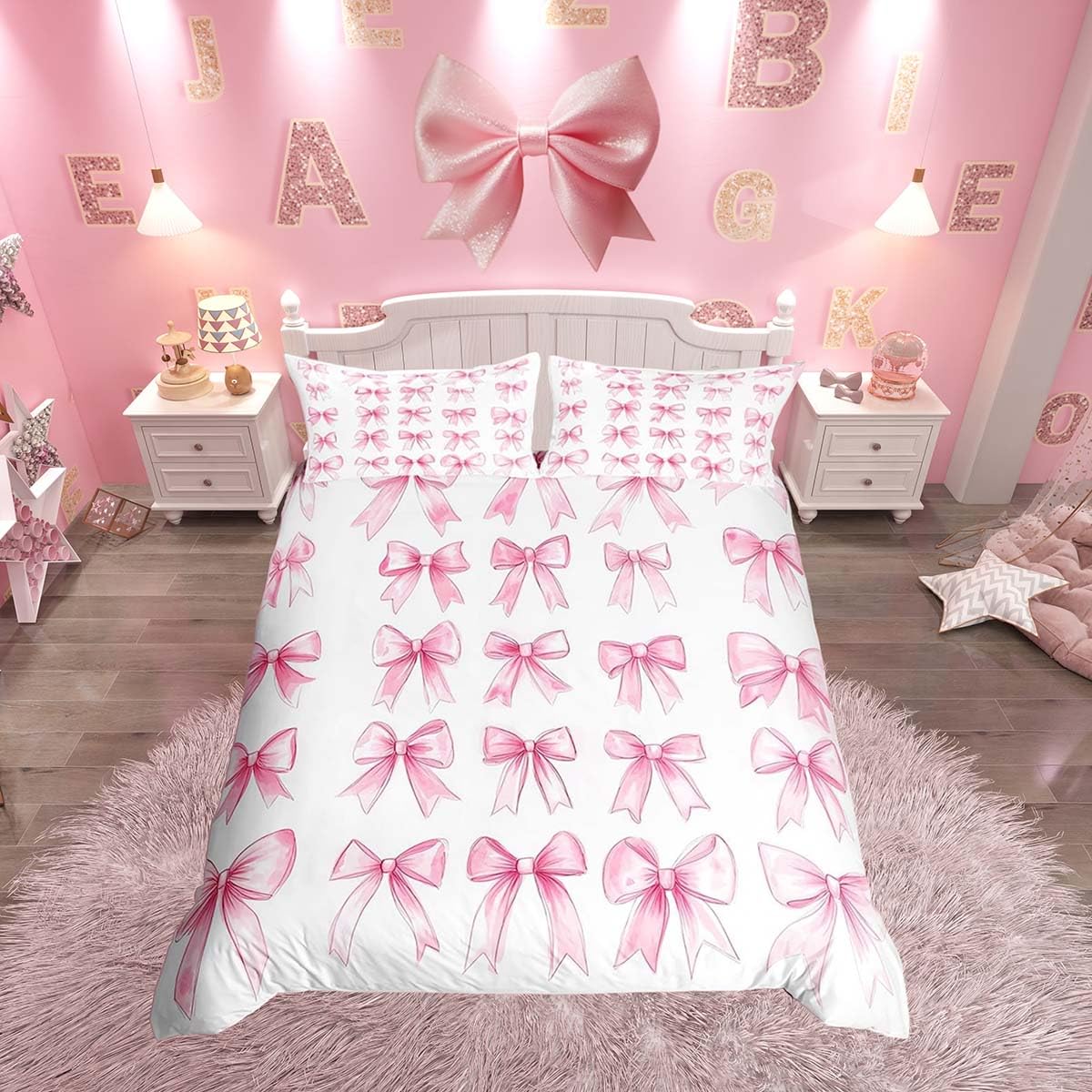 Homemissing Kawaii Pink Bow Kids Bedding Set,Boys Girls Super King Size,Cute Coquette Bow Knot Duvet Cover,Bowknot Ultra Soft Comforter Cover,Girly Bedclothes Princess Style Bedroom Decor — image 1